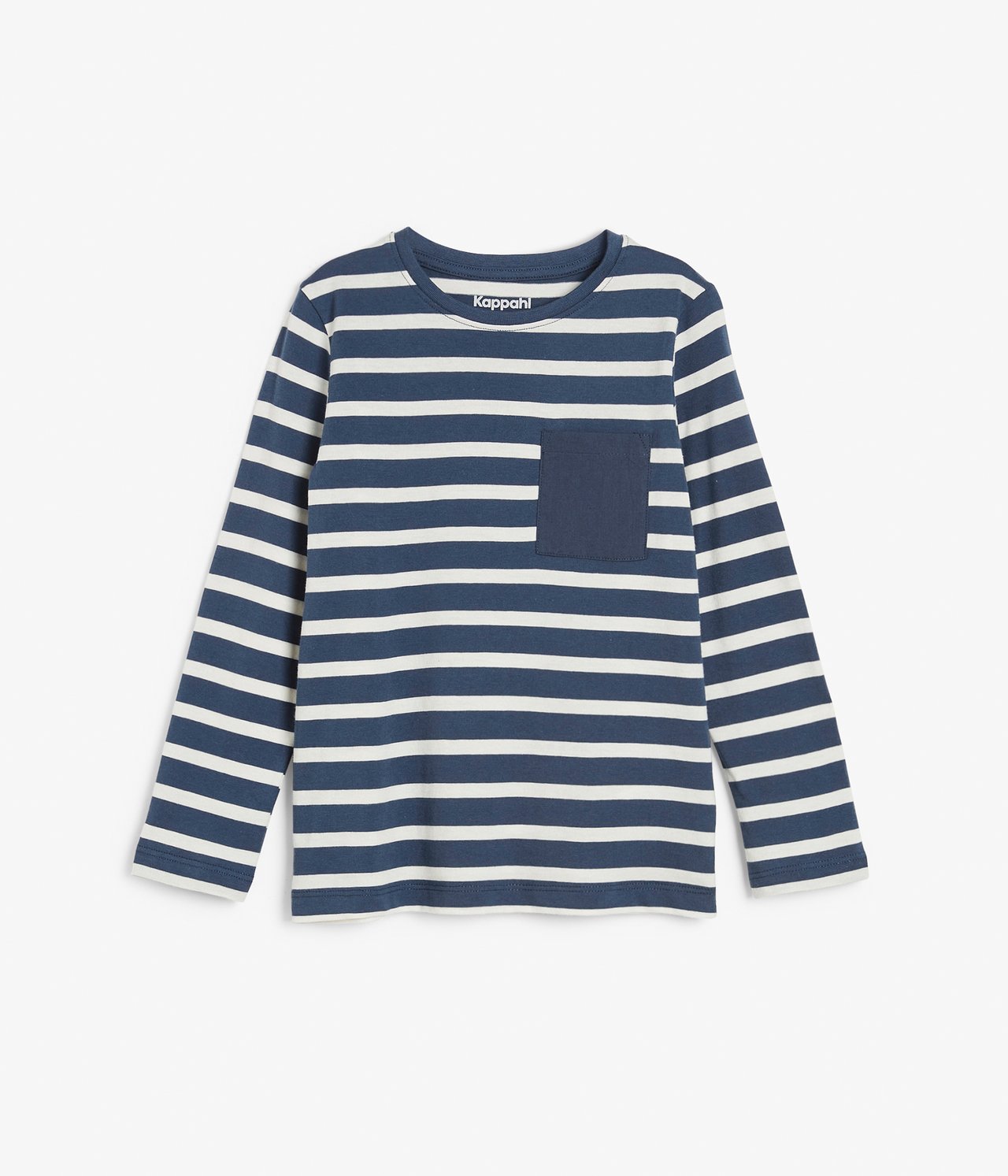 Framifrån: Barns långärmade mörkblå- och vitrandiga bomulls-t-shirt med bröstficka.