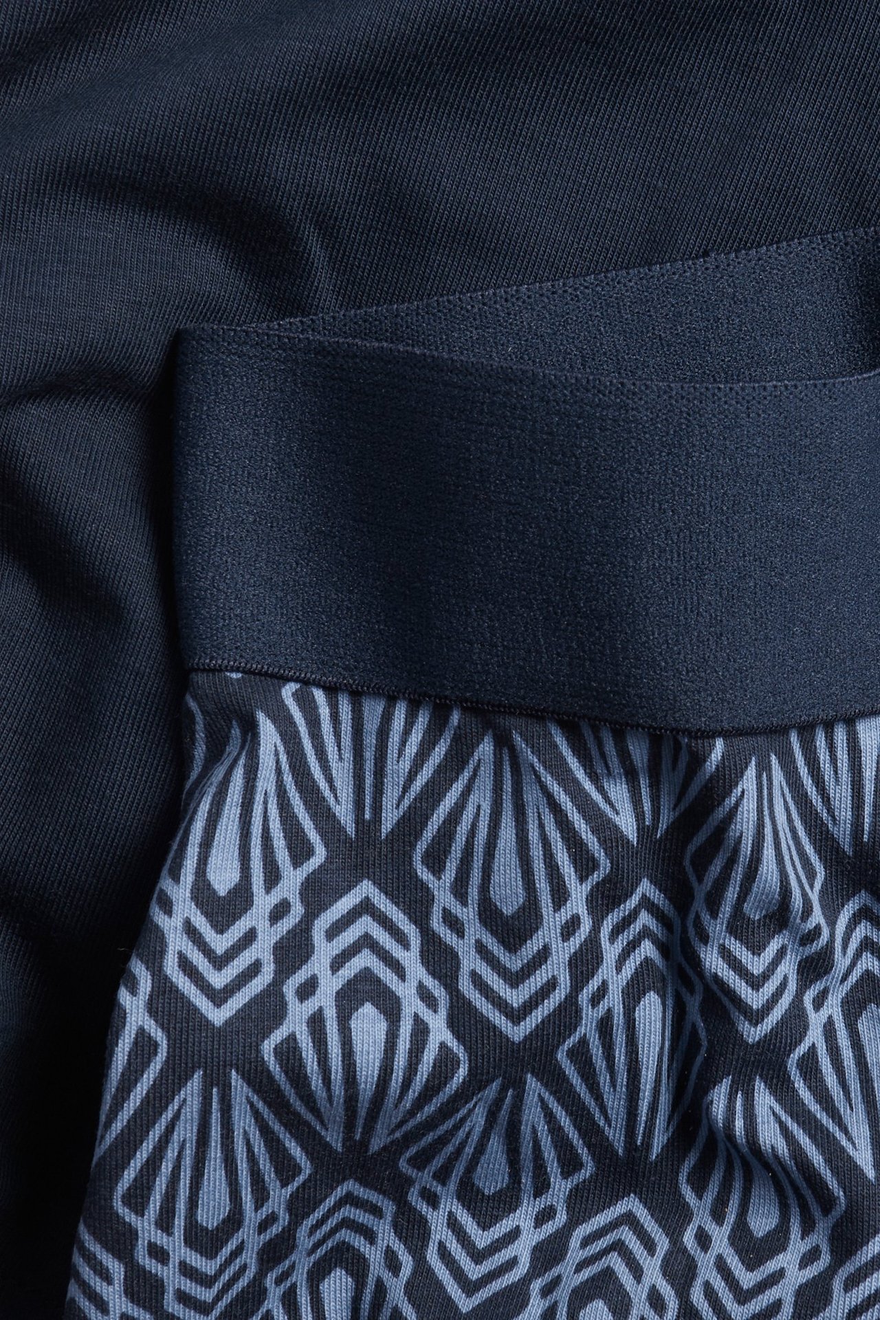 Nærbilde av mørkeblå mønstrede herrebokser med elastisk linning, og en ensfarget mørkeblå bokser.