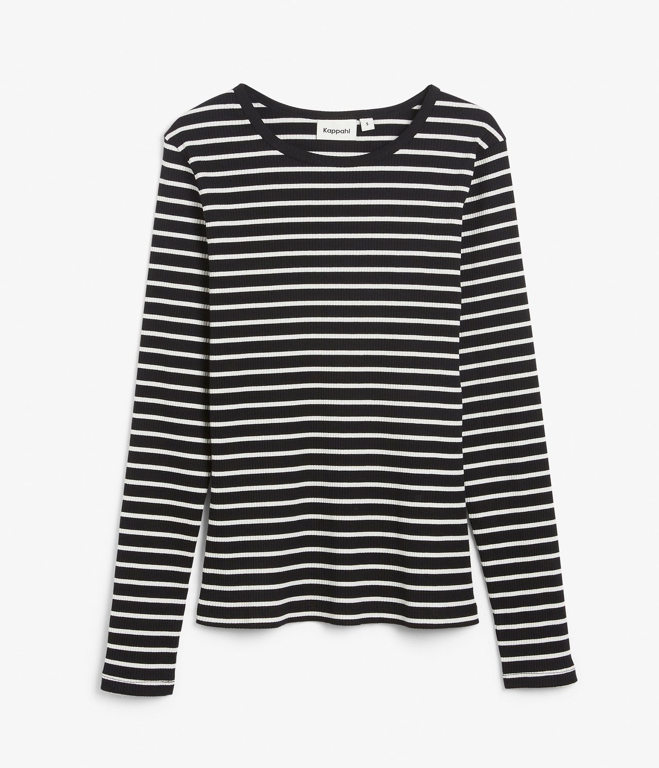 Forfra, svart og hvit stripet ribbet langermet topp.