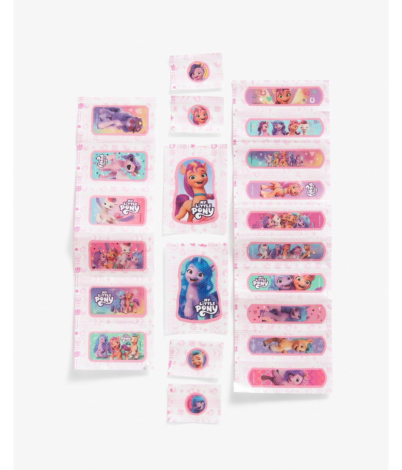 Frontvisning av 22-pakning lilla My Little Pony plaster i ulike størrelser med karaktermotiver.