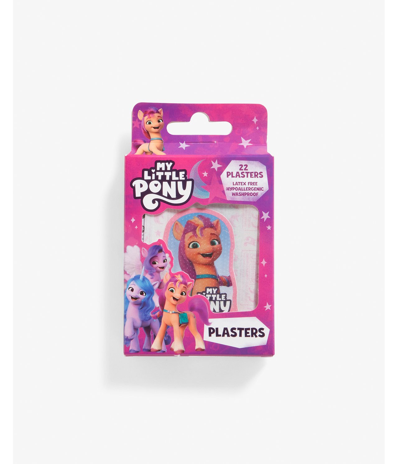 Frontvisning av en lilla My Little Pony 22-pakning plastereske med ulike karaktermotiver.