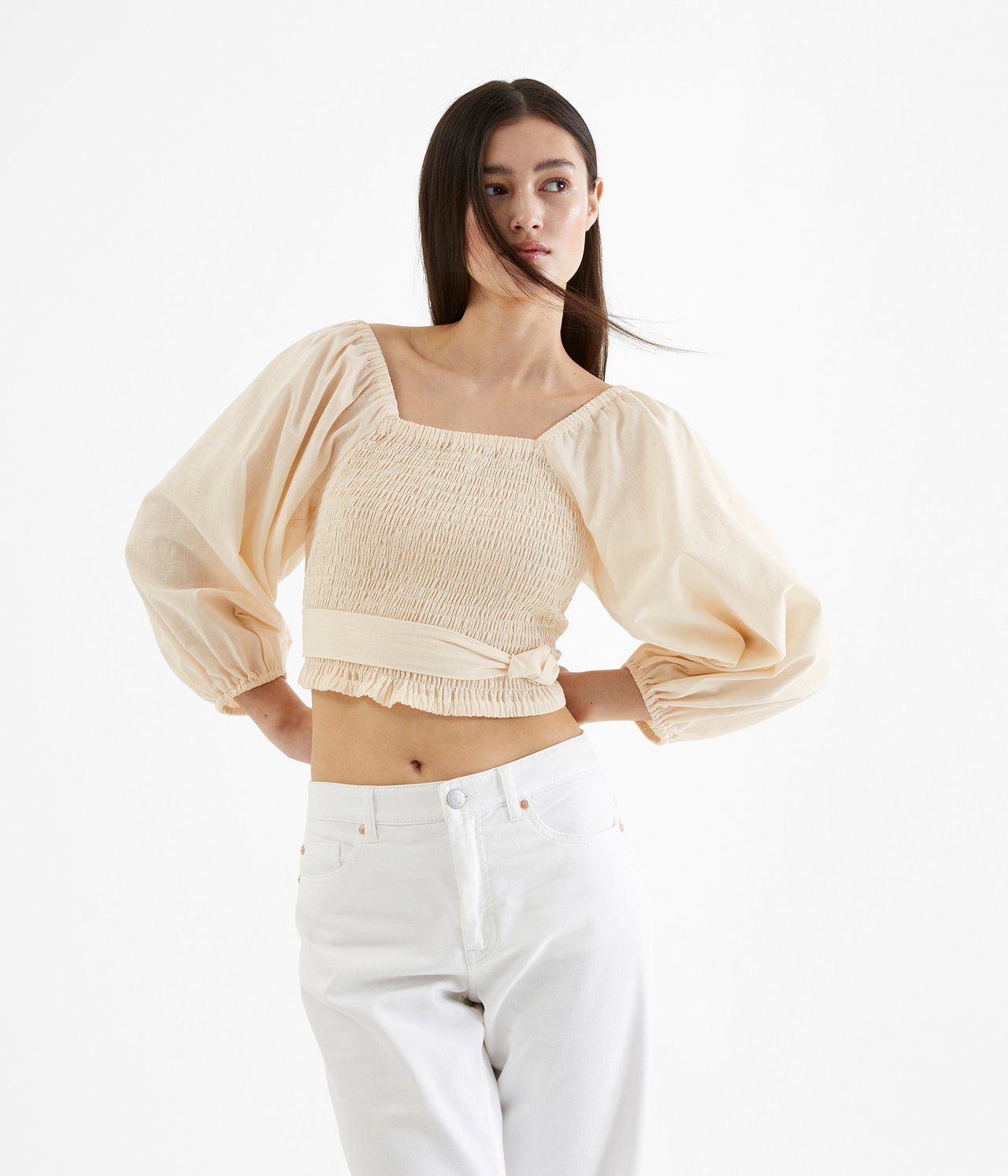 Blus med puffärm Offwhite - null - 4