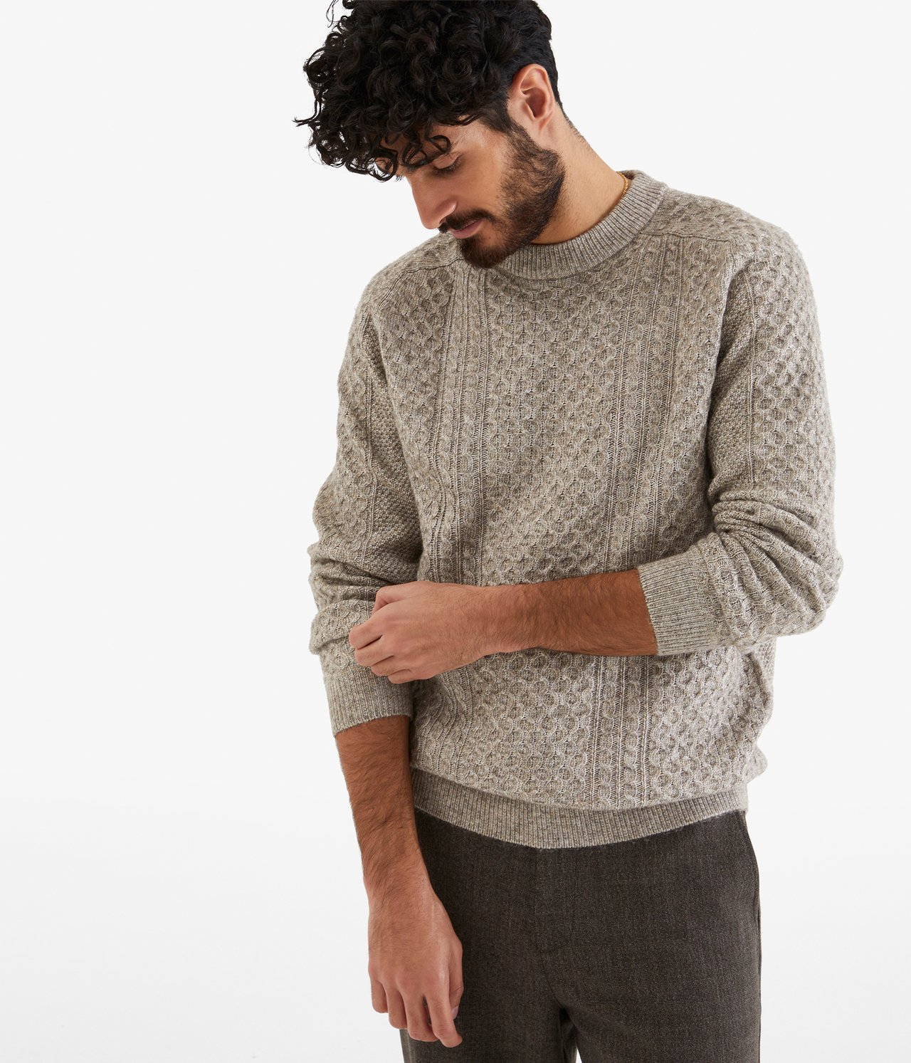 Sweter z dzianiny w warkocze - Ciemnobeżowy - 1