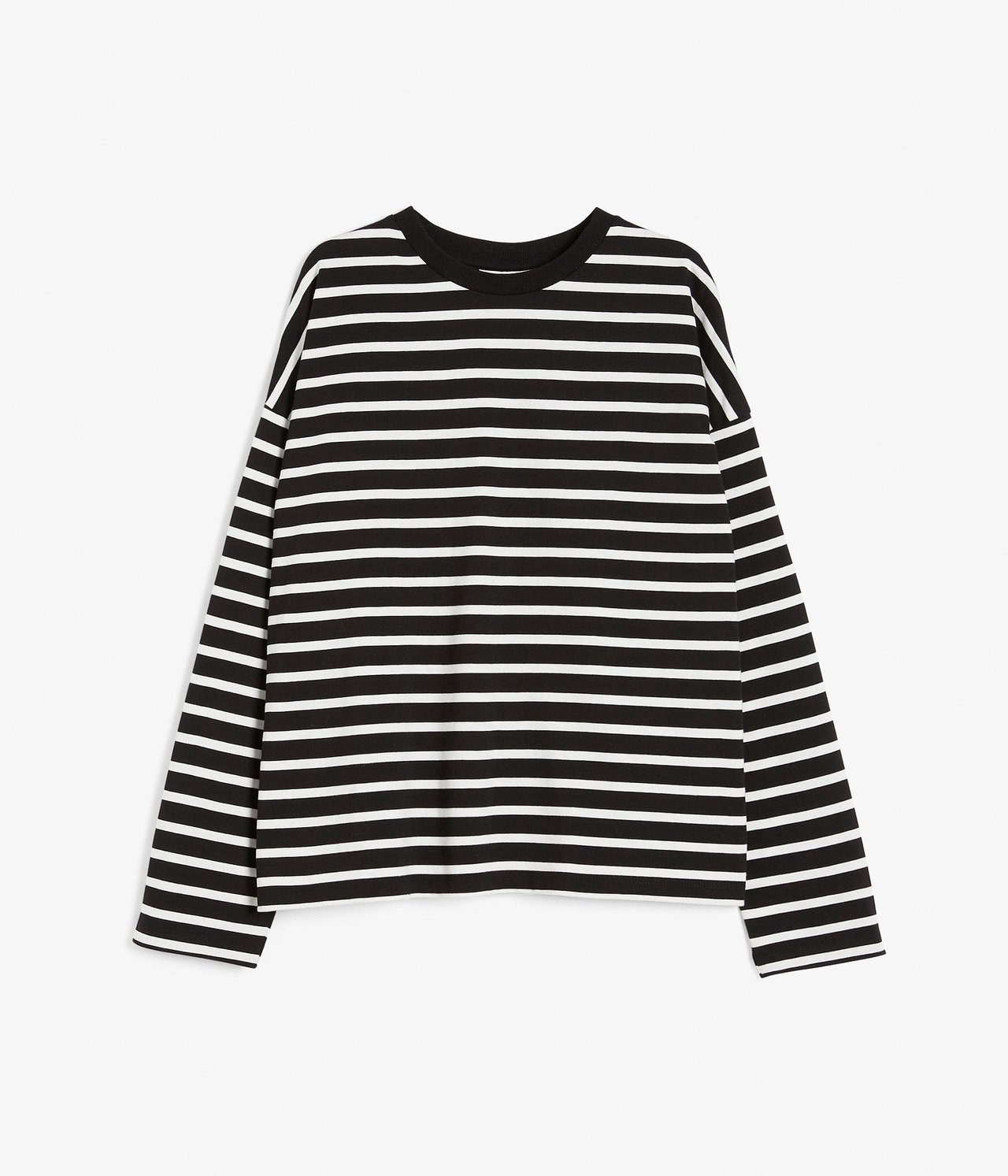 Widok z przodu: czarno-biała, luźna bluzka w paski z długim rękawem z bawełnianego dżerseju.