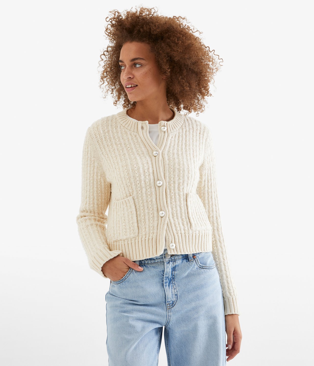 Ribbstickad kofta - Offwhite - 2