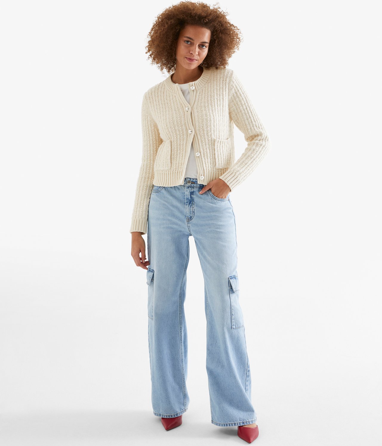Ribbstickad kofta - Offwhite - 4