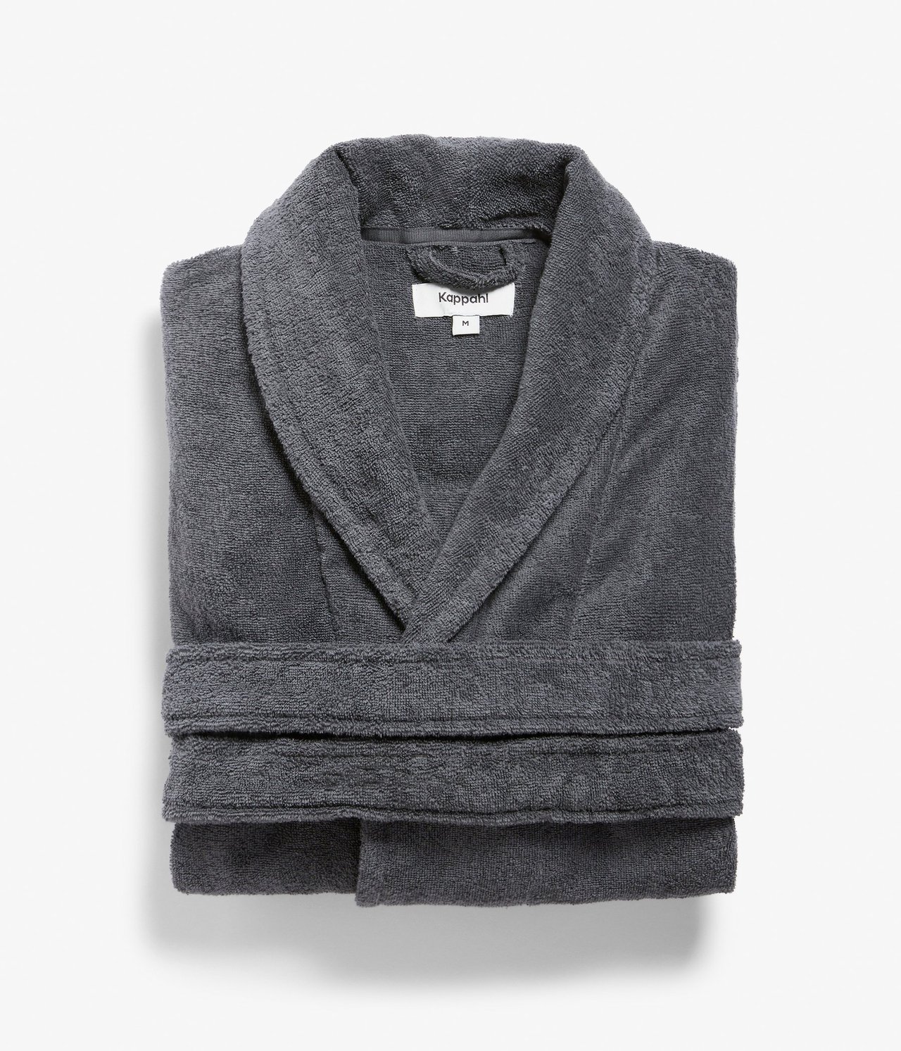 Frontvy av en vikt grå frottémorgonrock i bomull med sjalkrage och bälte.