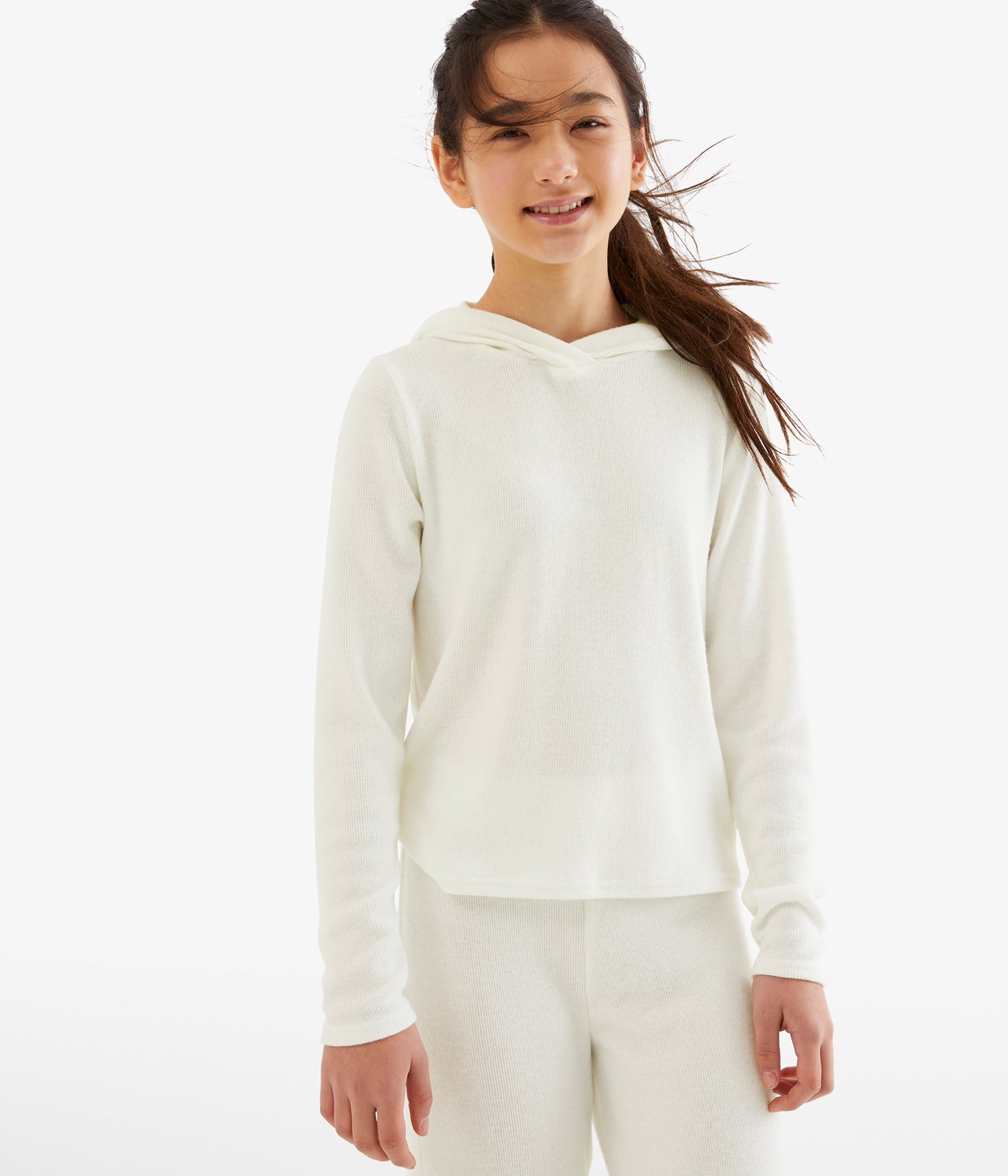 Mjuk ribbad hoodie - Offwhite - 3