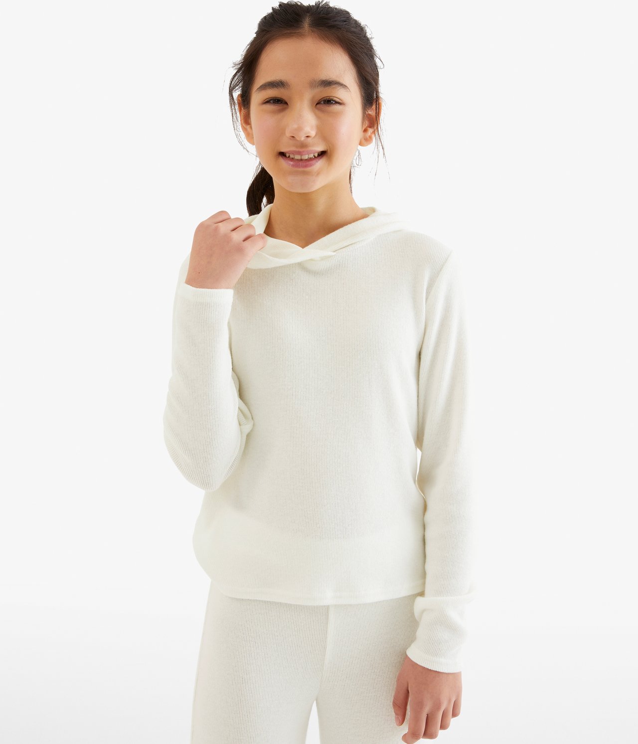 Mjuk ribbad hoodie - Offwhite - 1