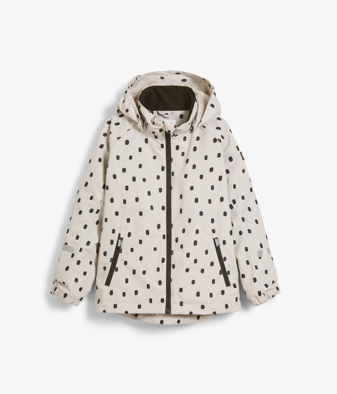 Edestä, beige kuviollinen vedenpitävä kuoritakki vetoketjulla, irrotettavalla hupulla, taskuilla ja heijastimilla.