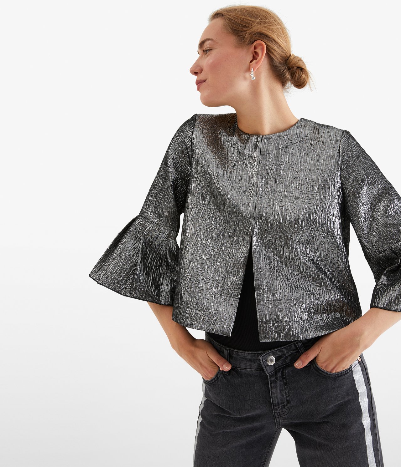 Blus med klockad ärm - Silver - 1