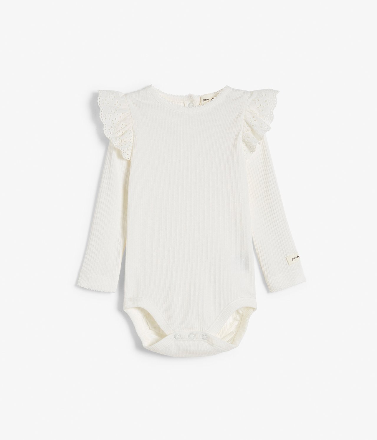 Långarmad ribbad body med volang Offwhite - null - 3
