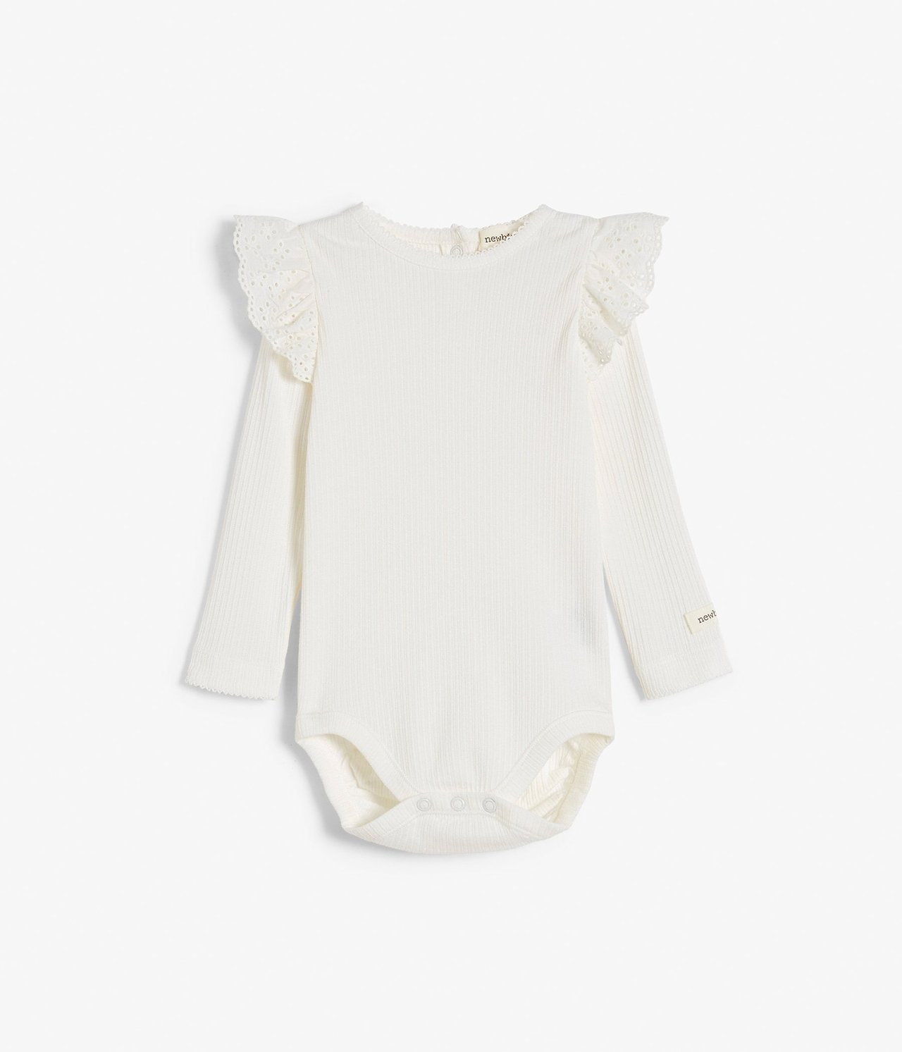 Långarmad ribbad body med volang Offwhite - null - 1