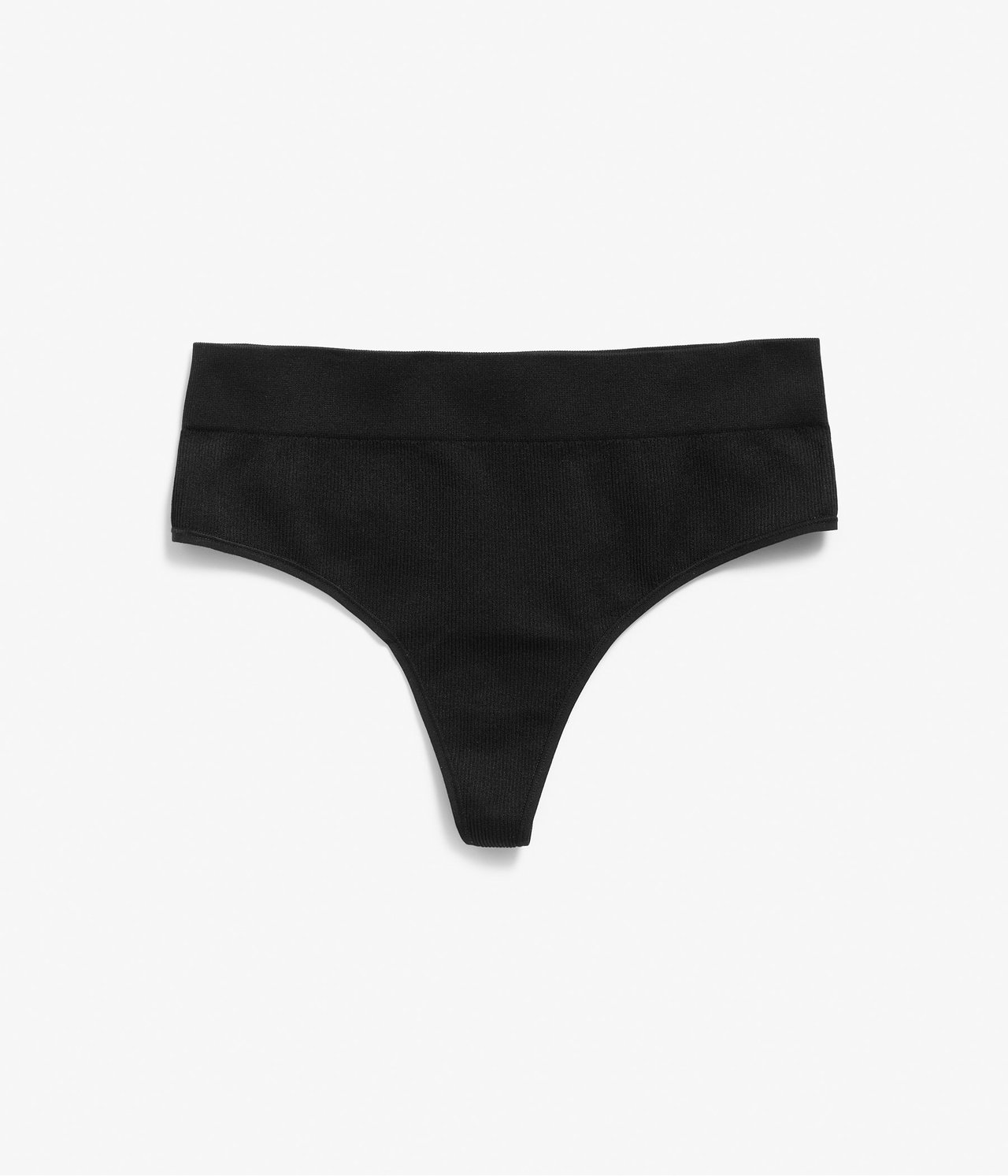 Frontvisning av en svart sømløs ribbet stringtruse.