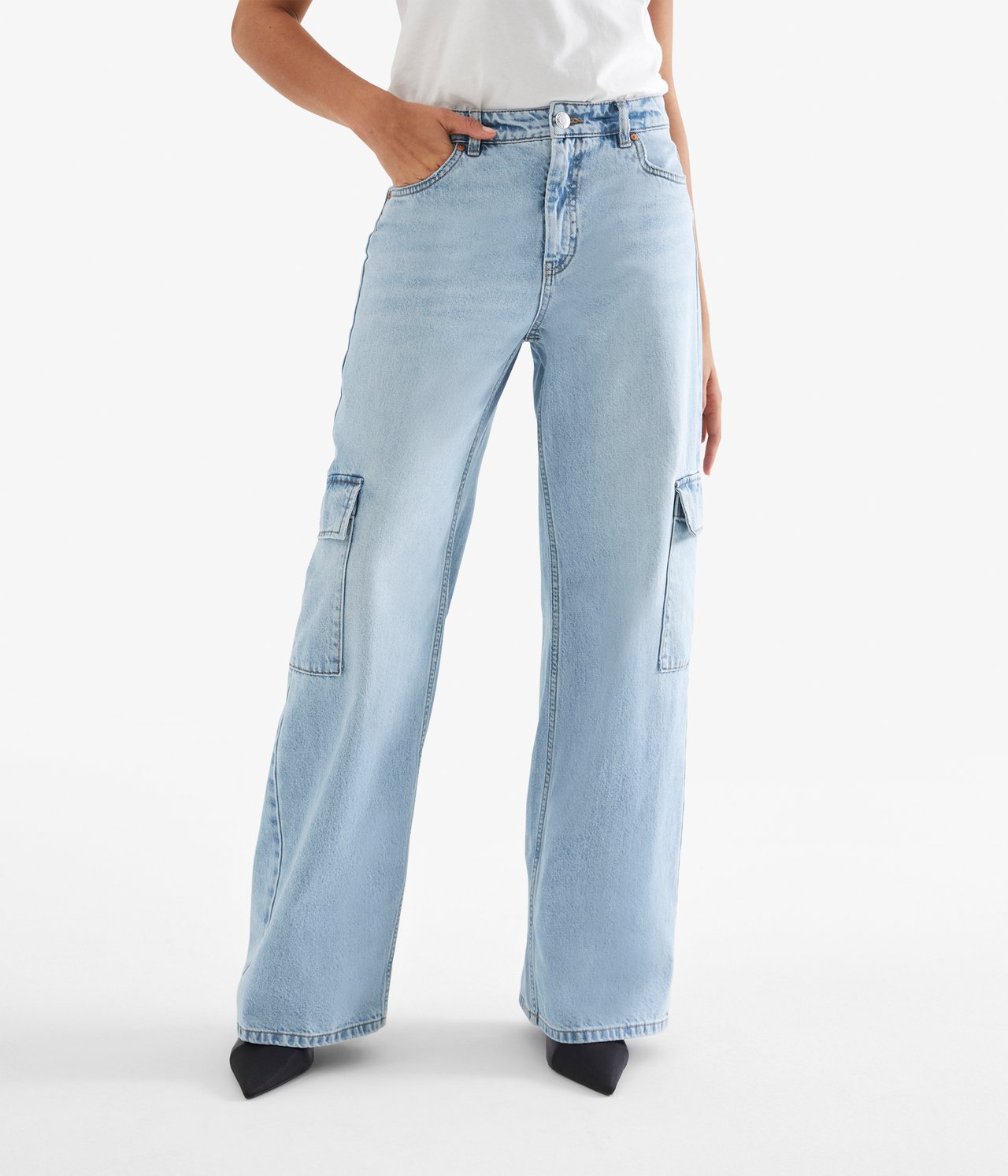 Wide Jeans High Waist med cargolommer - Lys denim - 1