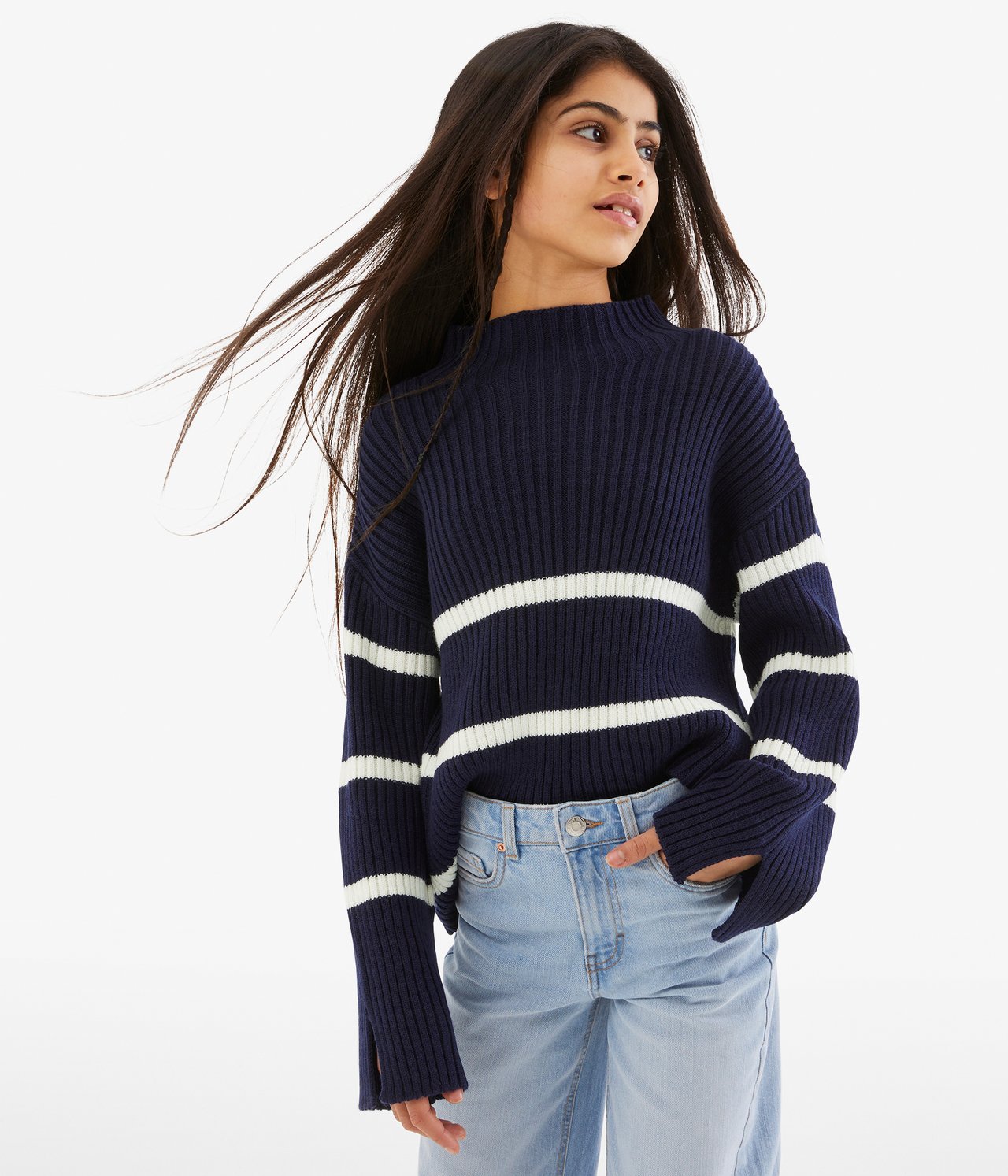 Sweter z dzianiny w paski - Niebieski - 1