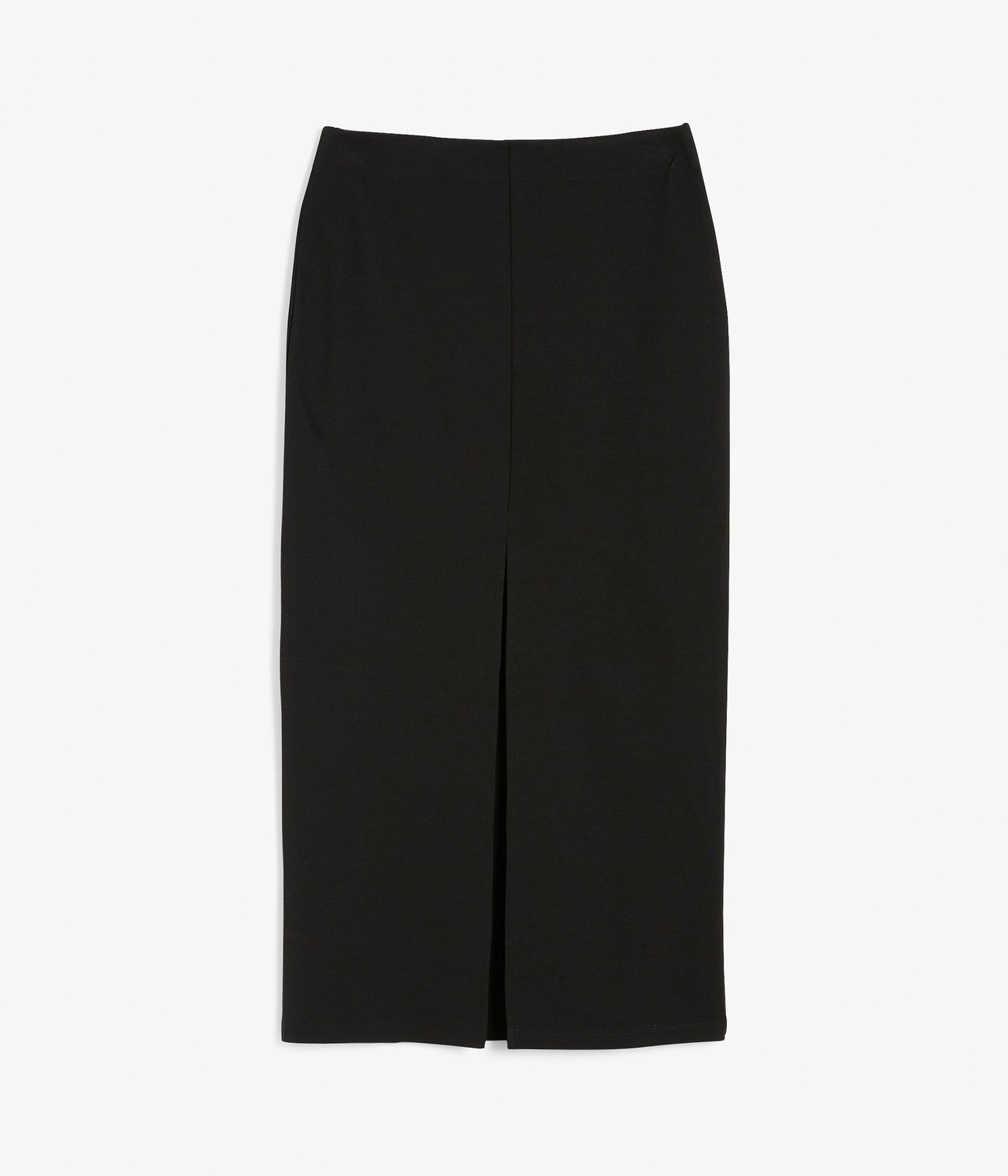 Edestä näkymä mustasta pitkästä hameesta, jossa on halkio edessä.