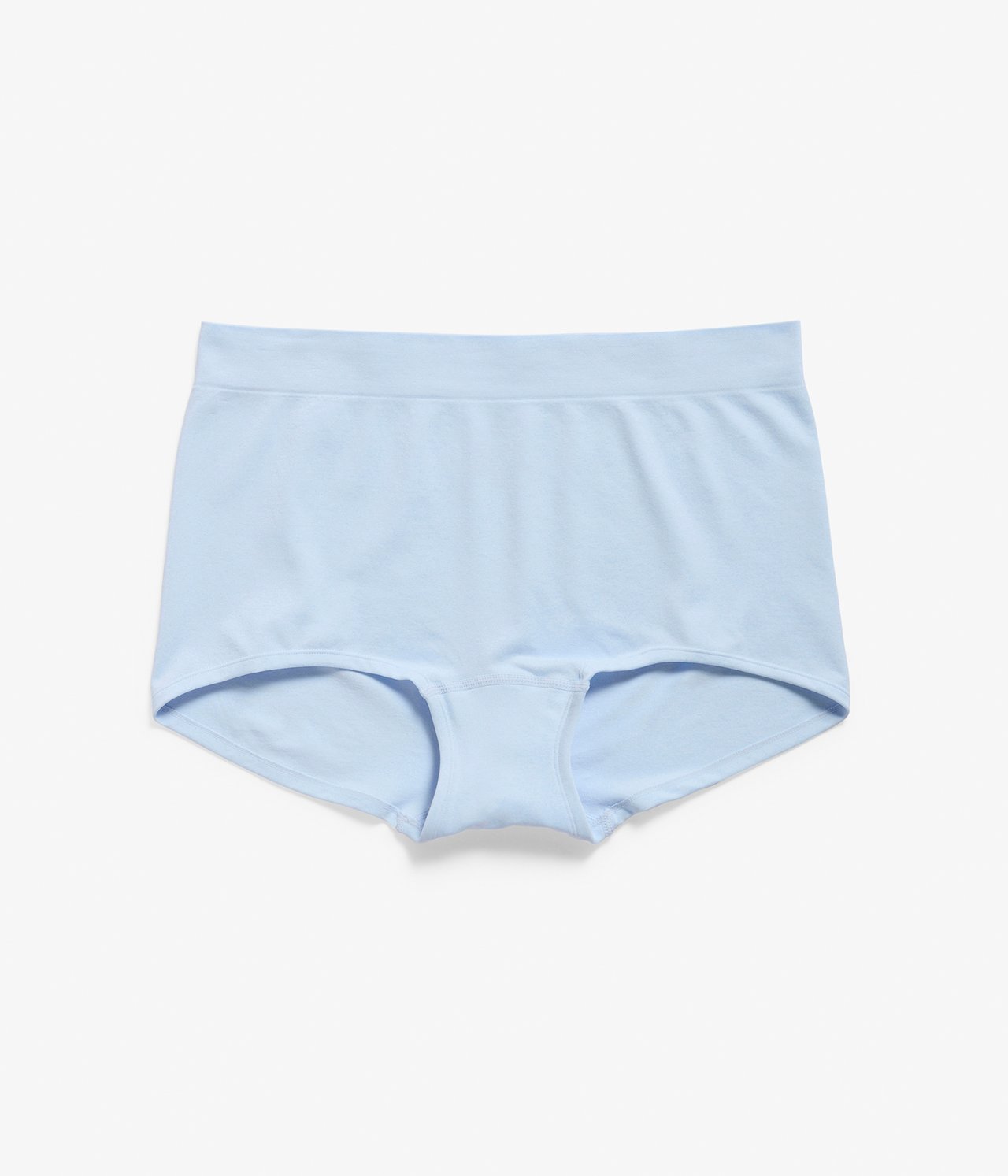Frontvy av ljusblå sömlösa boxertrosor, tillverkade av polyamid och elastan.