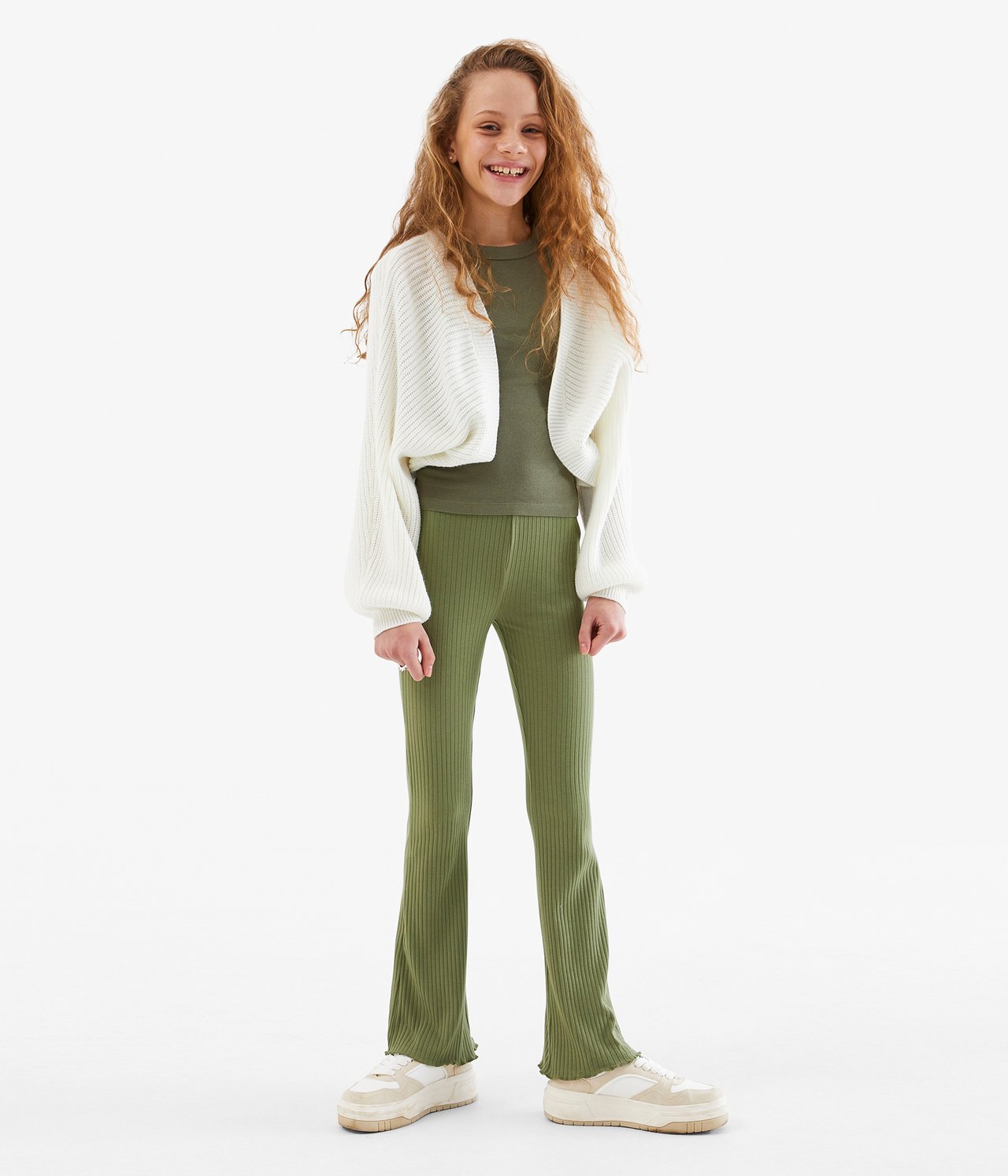 Ribbade utsvängda leggings - Mörkgrön - 1