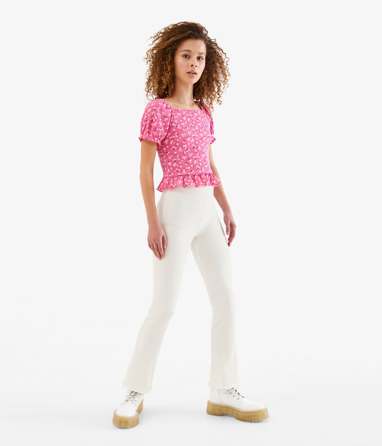 Prążkowane rozszerzane legginsy - Offwhite - 3