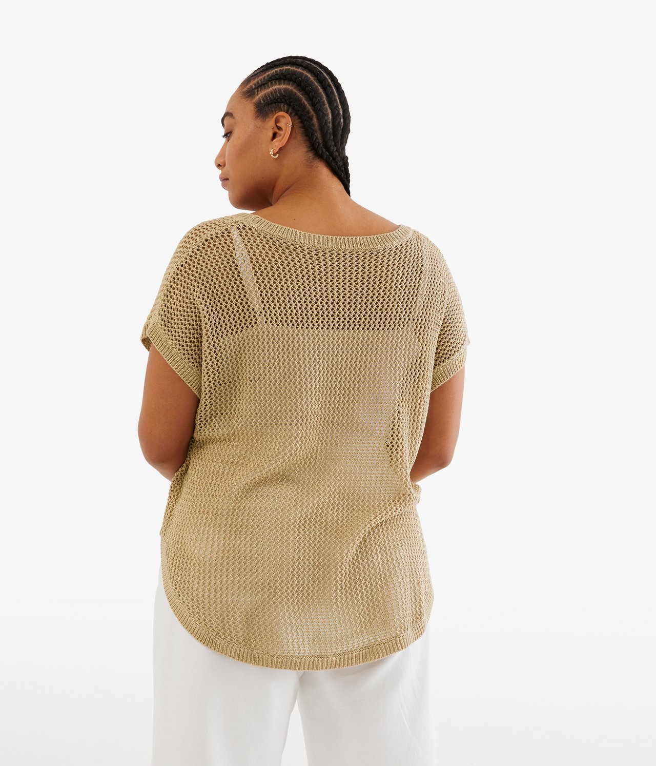 Kortärmad stickad tröja - Beige - 4