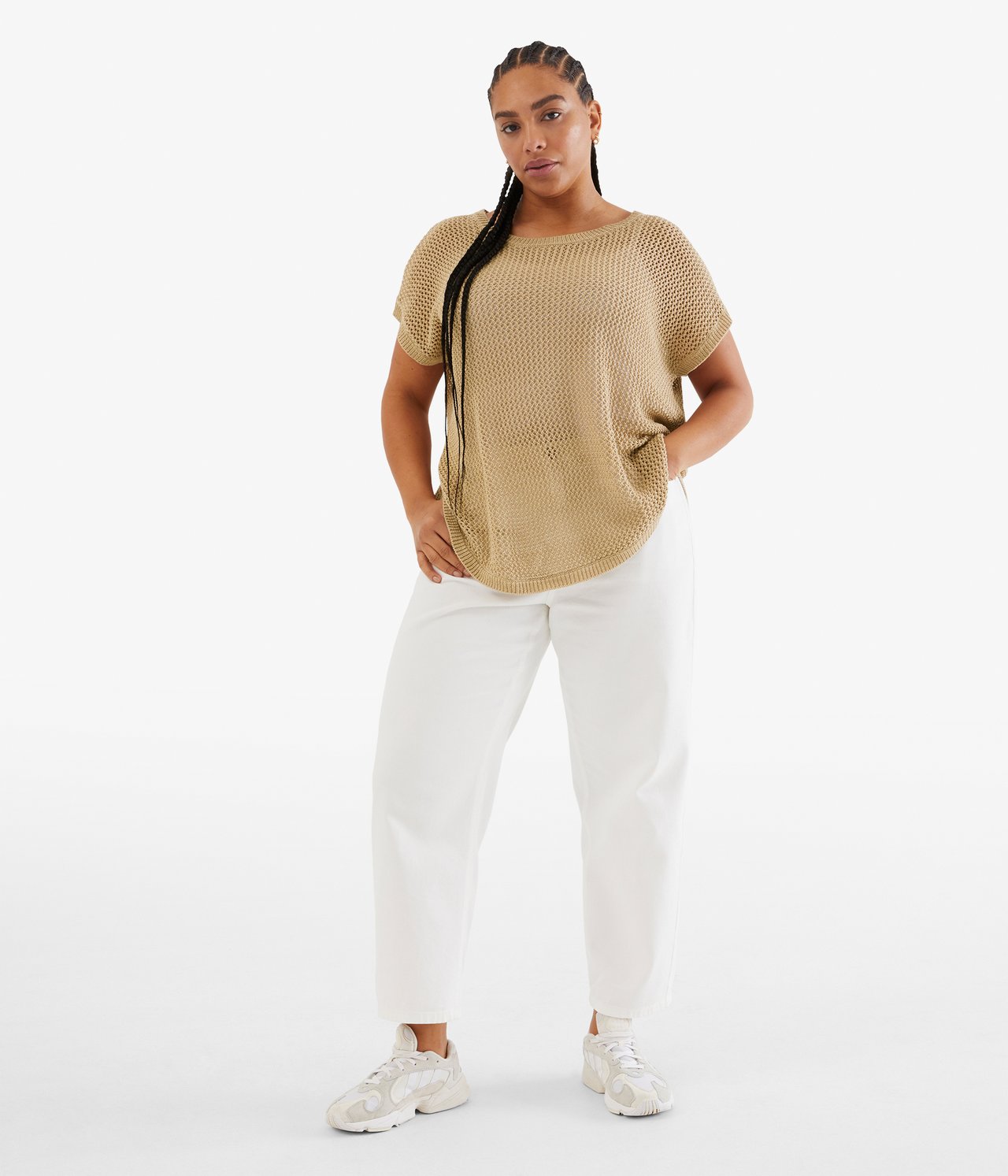 Kortärmad stickad tröja - Beige - 2