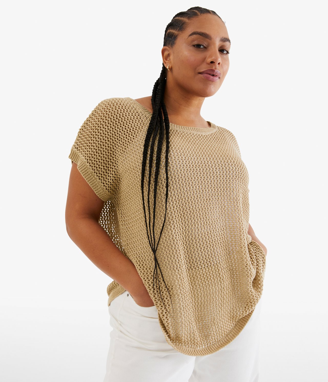 Kortärmad stickad tröja - Beige - 1