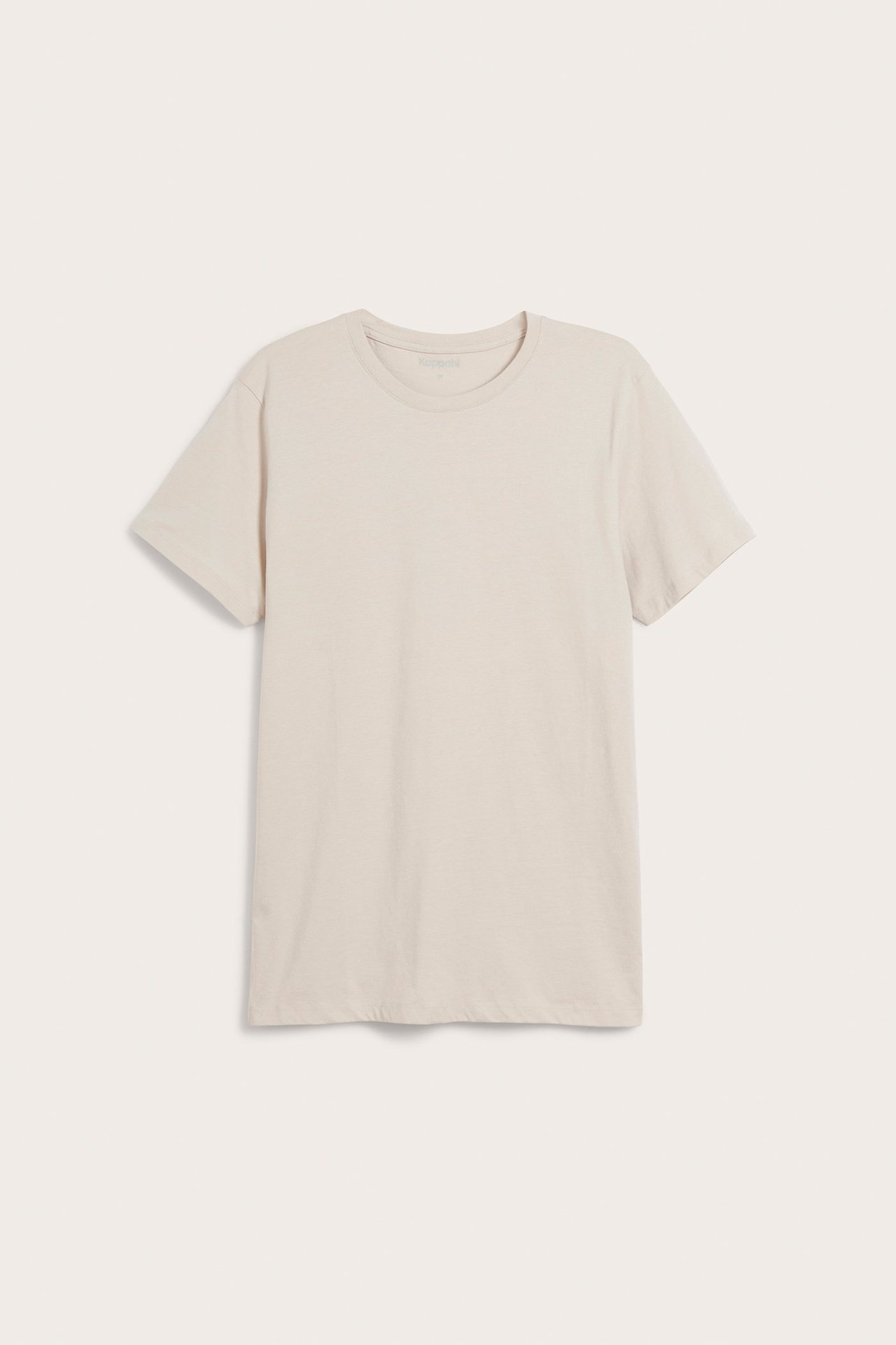 Widok z przodu: Męski jasnobeżowy, jednokolorowy, bawełniany T-shirt z krótkim rękawem i okrągłym dekoltem.
