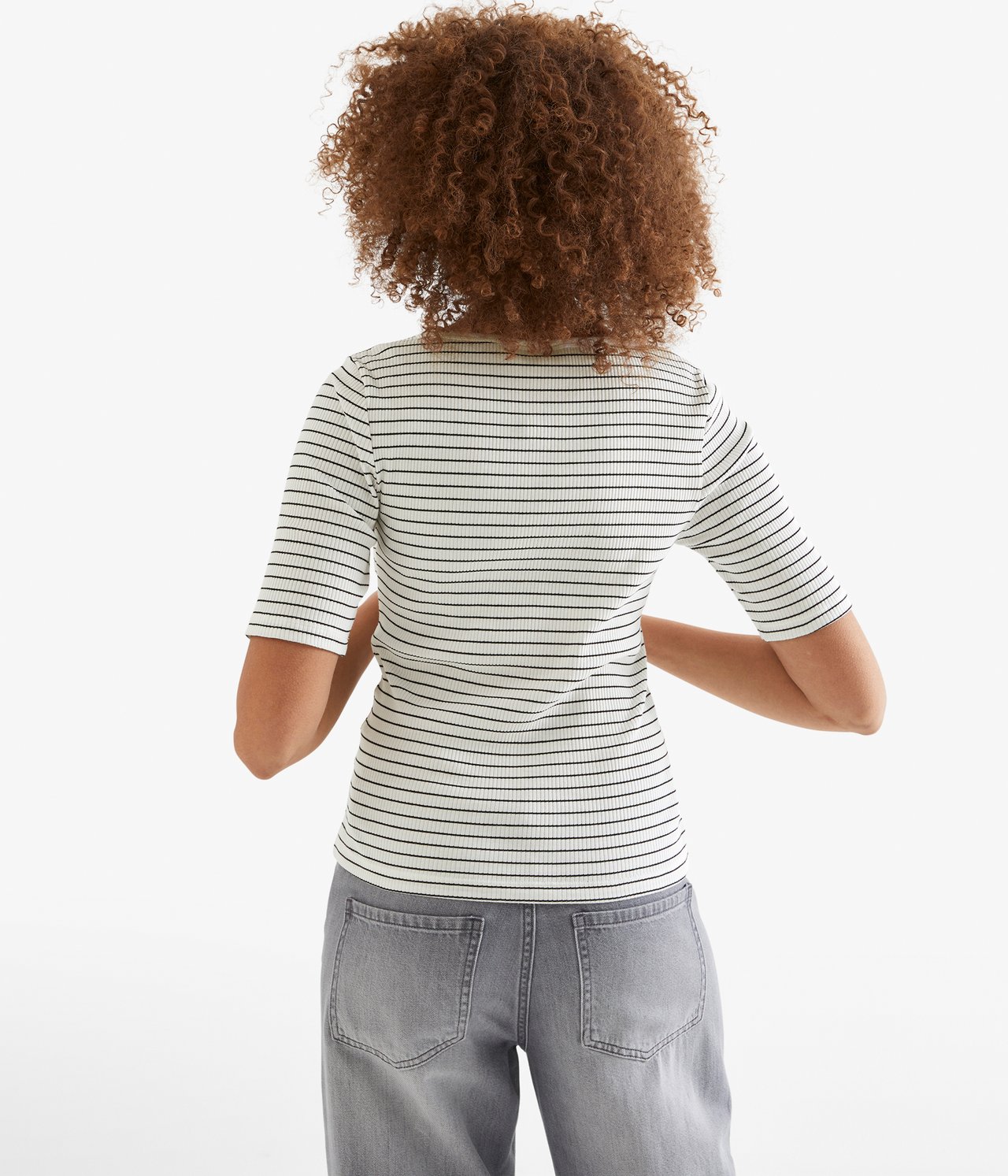 Ribbad topp med kort ärm - Offwhite - 4