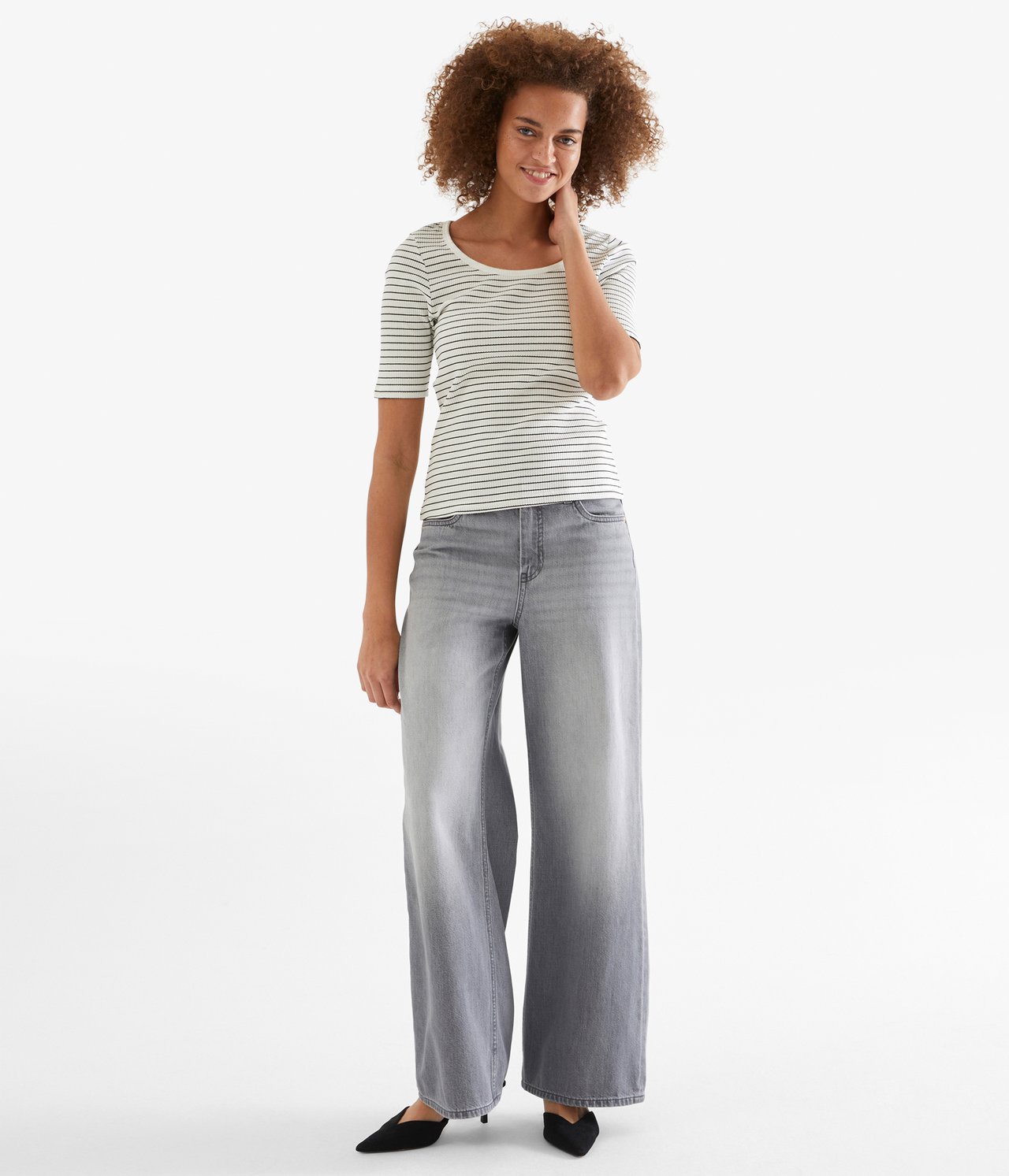 Ribbad topp med kort ärm - Offwhite - 2