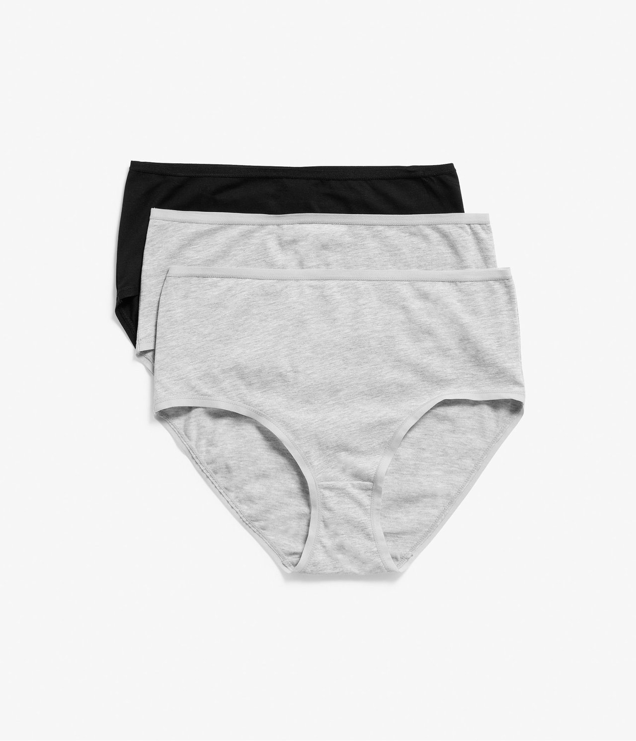 Widok z przodu: Dwie ułożone bawełniane figi, szare melanżowe i czarne, obie z wysokim stanem.