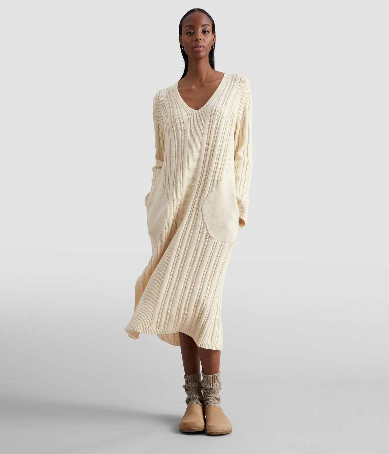 Ribbestrikket kjole - Lys beige - 177cm / Storlek: S - 1