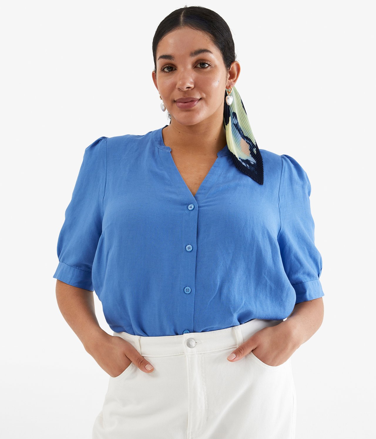 Pellavasekoitetta oleva paitapusero - Sininen - 180cm / Storlek: XL - 1