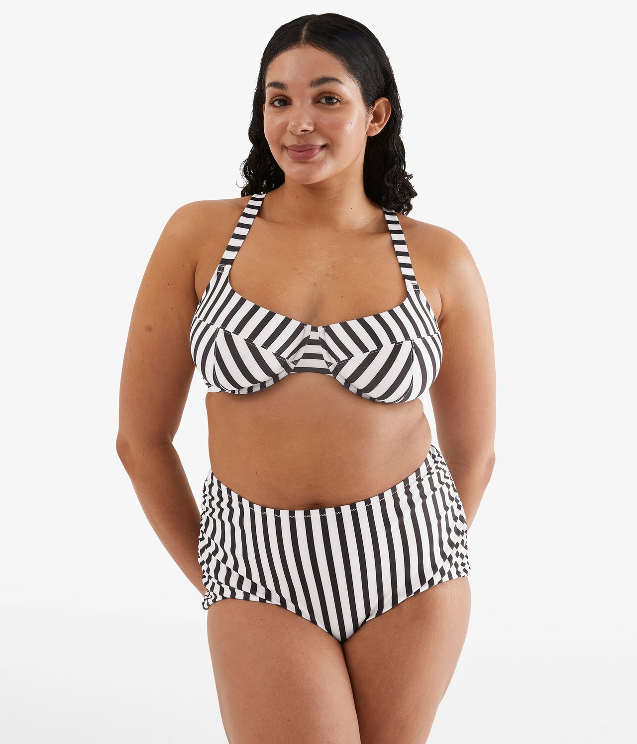 Majtki od bikini, w paski, z wysokim stanem - Czarne - 1