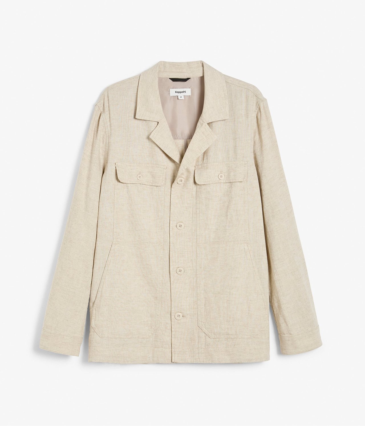 Widok z przodu męskiej beżowej koszulowej kurtki z mieszanki lnu, z czterema kieszeniami i guzikami.