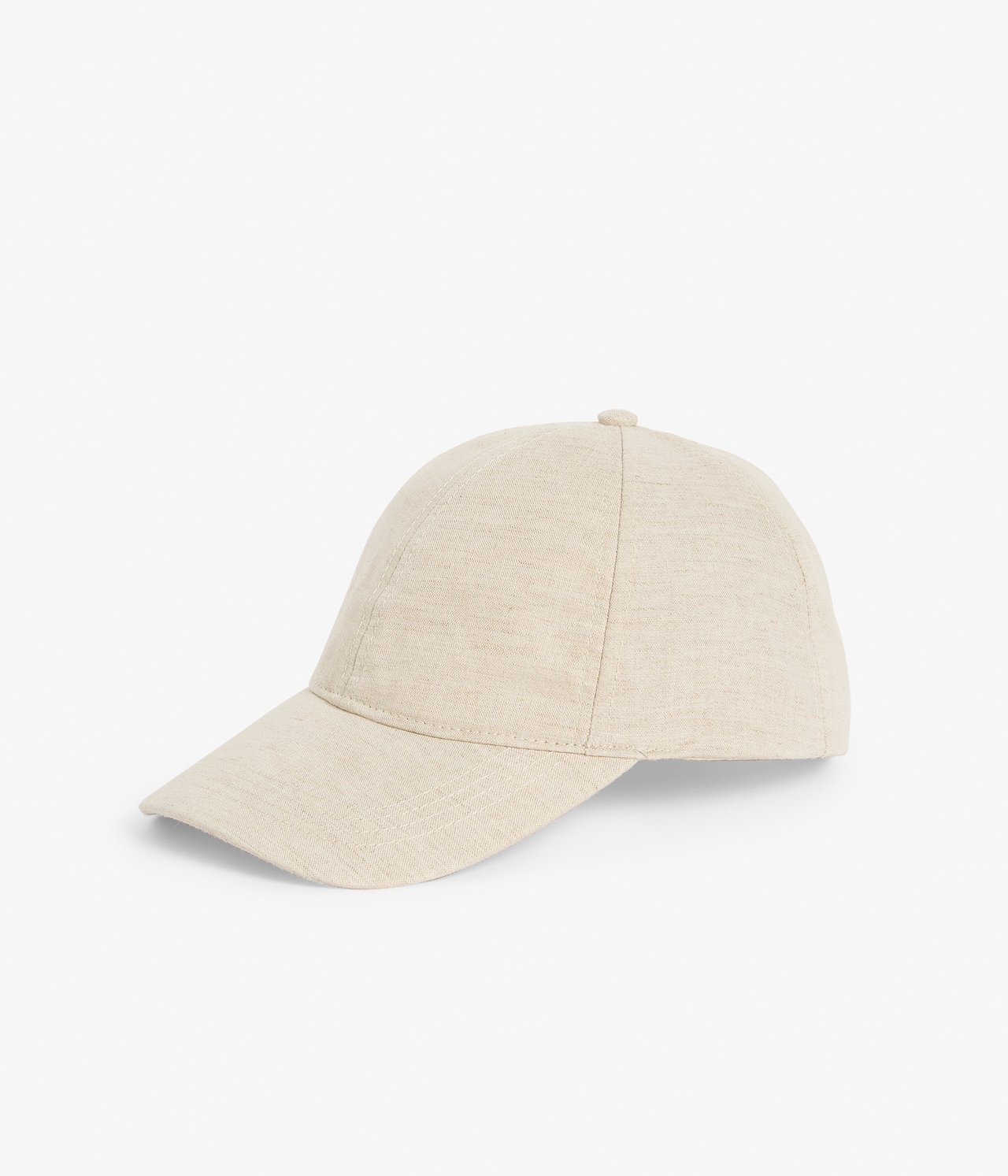 Edestä ja sivulta kuvattu yksivärinen beige pellavasekoite baseball-lippalakki kaarevalla lipalla.