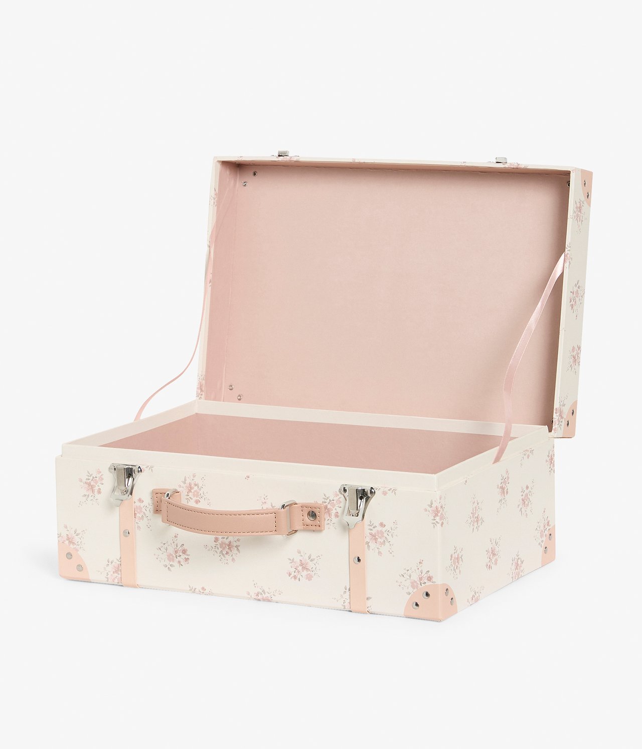 Frontvisning av åpen hvit pappkoffert med rosa blomstermønster, rosa håndtak og metallspenner.