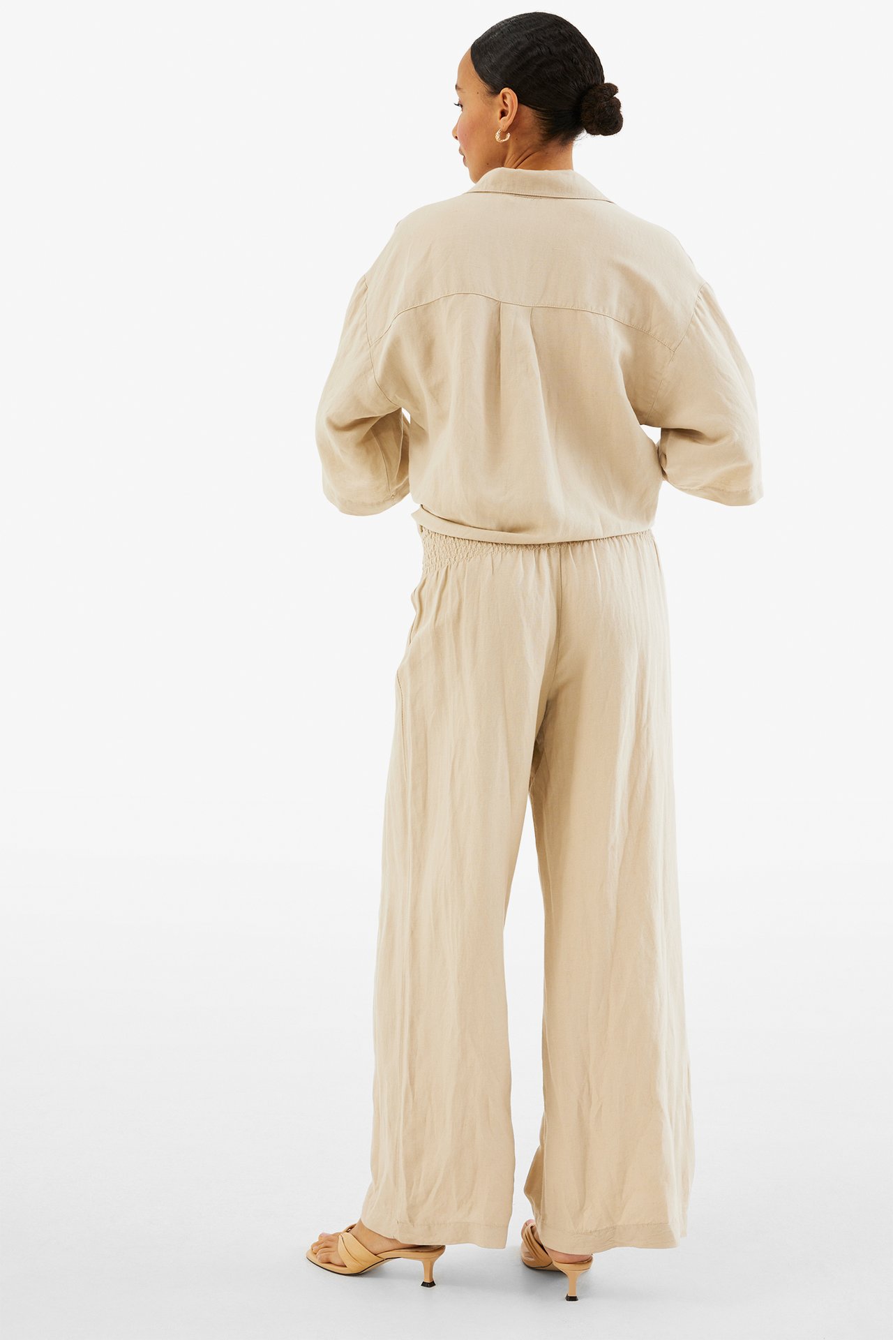 Szerokie spodnie z mieszanki lnu - Beżowy - 174cm / Storlek: S - 4