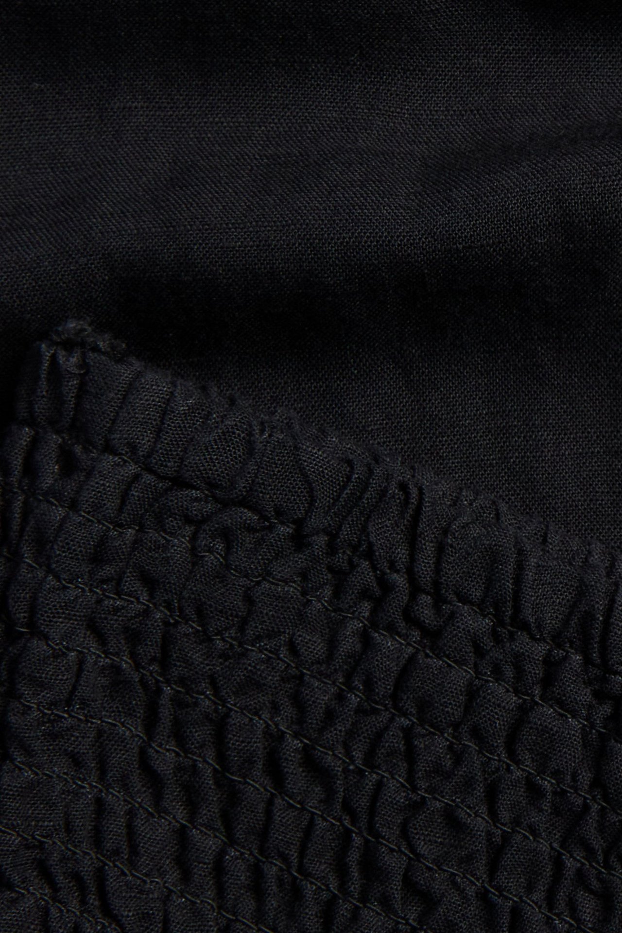 Nærbilde av svarte lin-viskosebukser med smock i midjen.