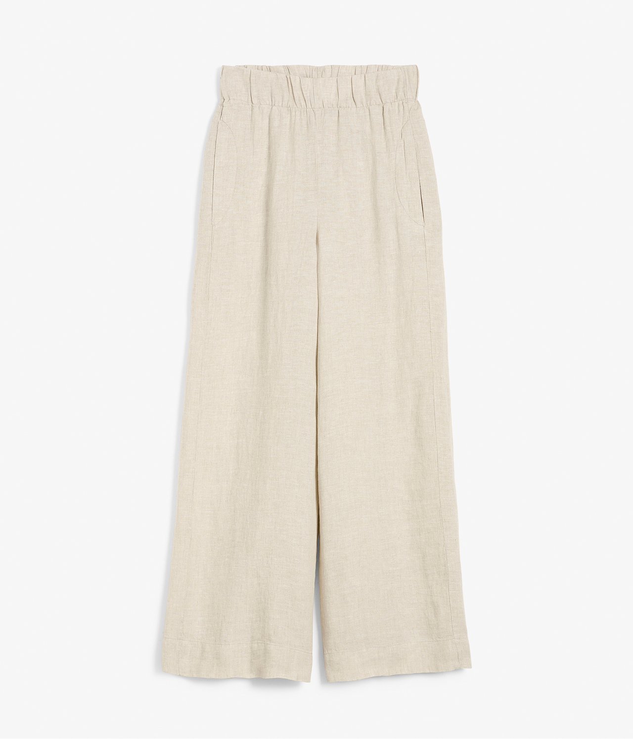 Frontvisning av beige vide linbukser med elastisk linning og sidelommer.