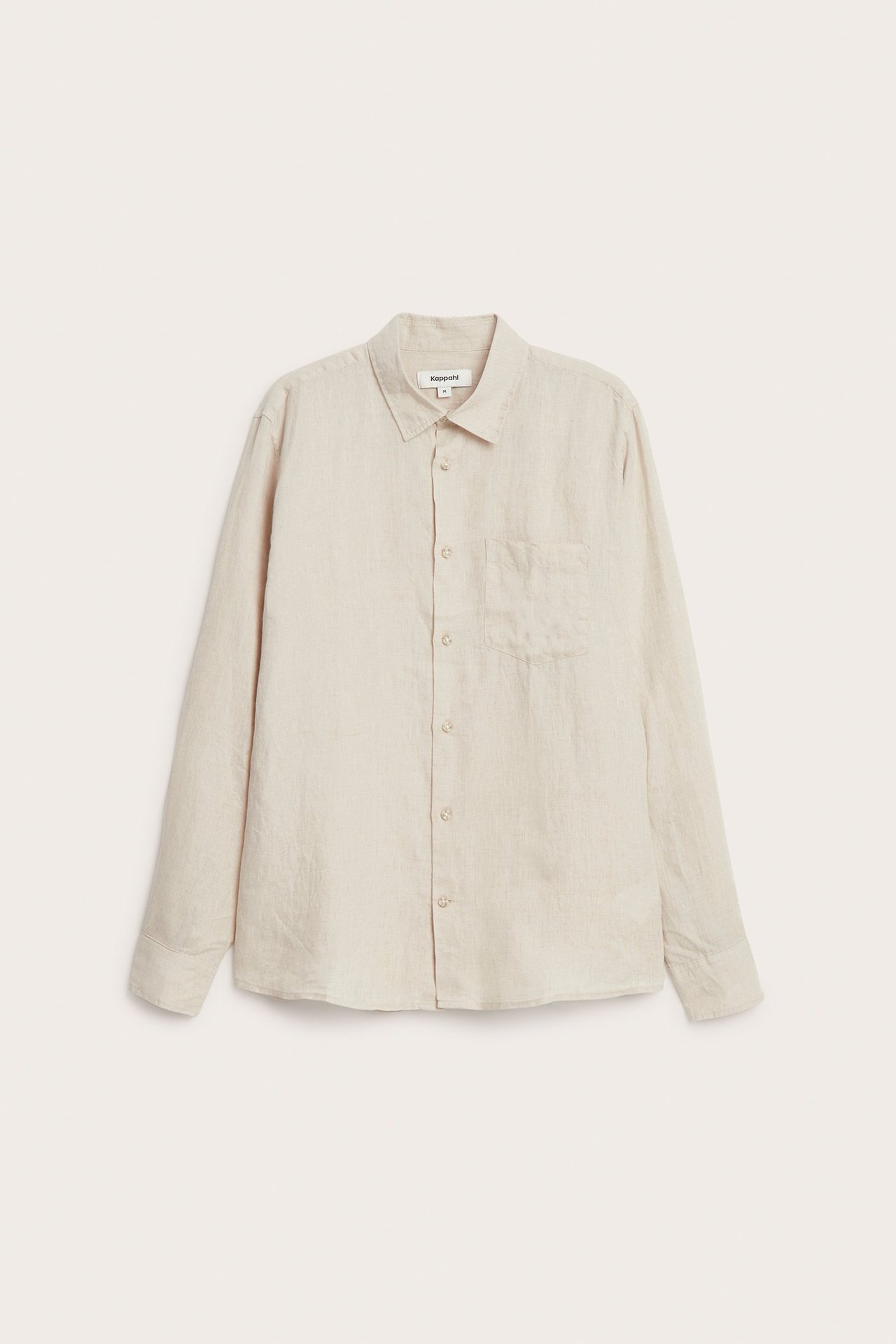 Edestä näkymä miesten beige melange pellavapaidasta, regular fit, rintataskulla ja nappikalvosimilla.