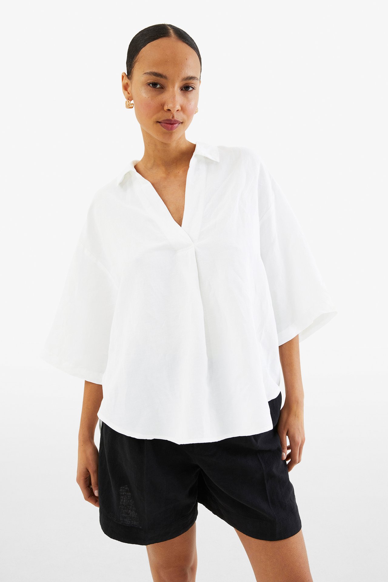 Pellavasekoitetta oleva paitapusero Valkoinen - null - 1