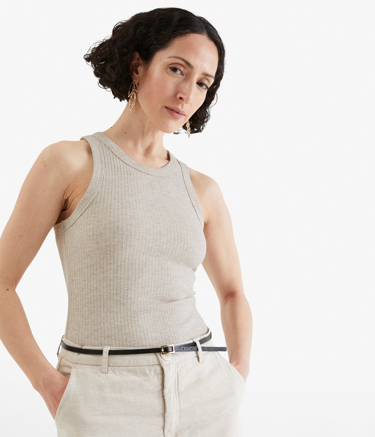 Ribbat linne - Melerad beige - 1