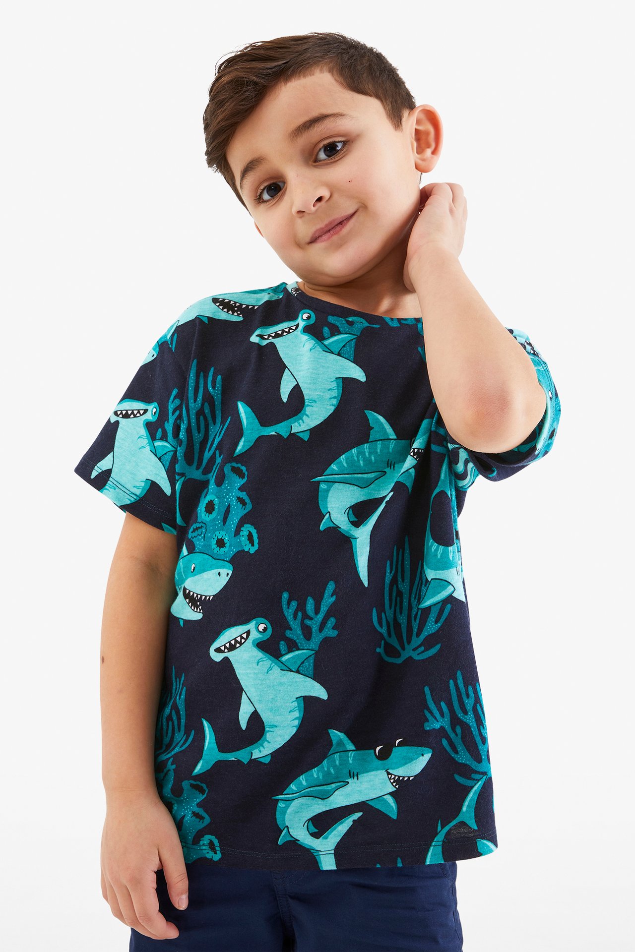 T-shirt w rekiny - Ciemnoniebieski - 1