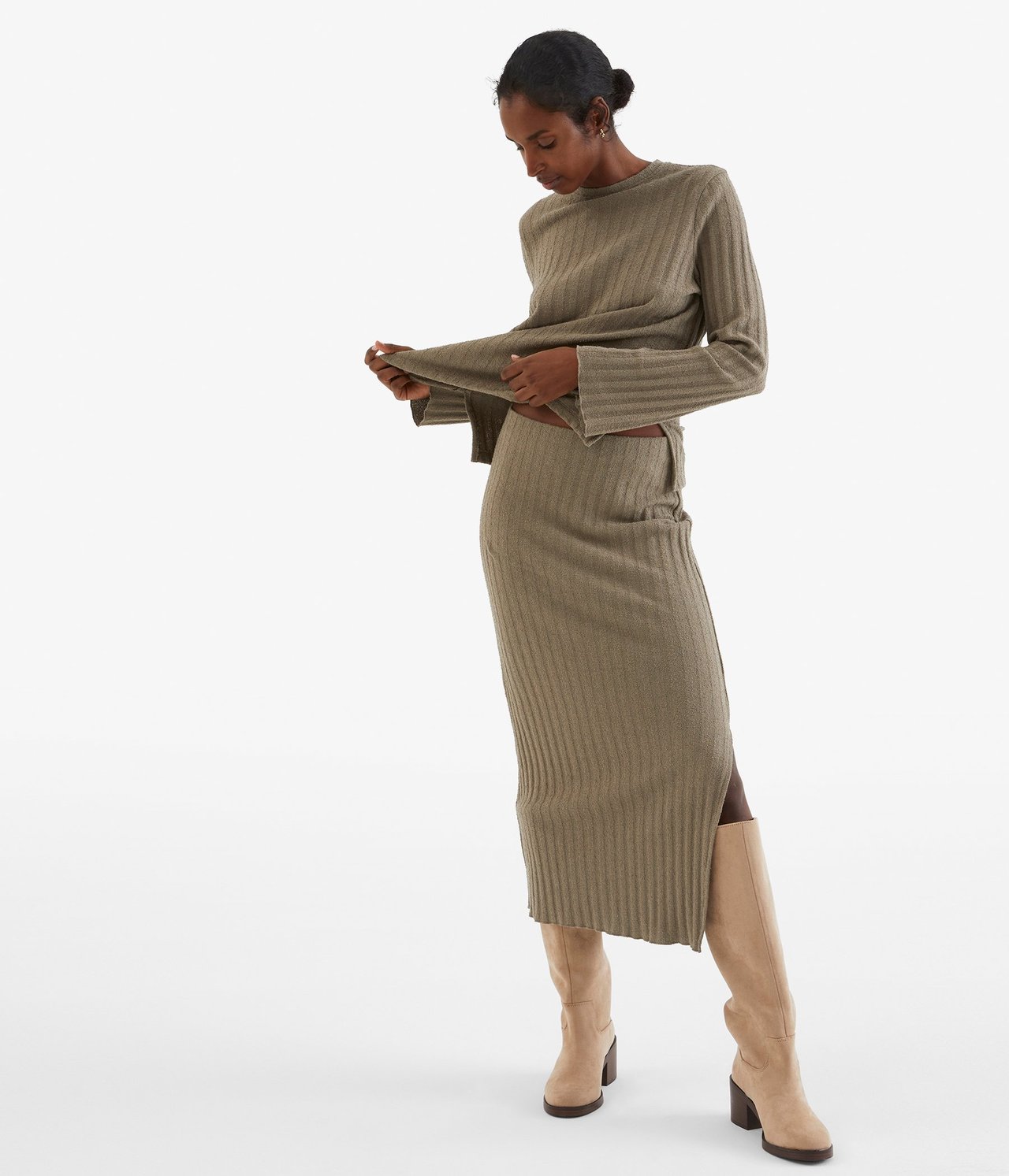 Ribbad kjol - Brun - 178cm / Storlek: S - 1