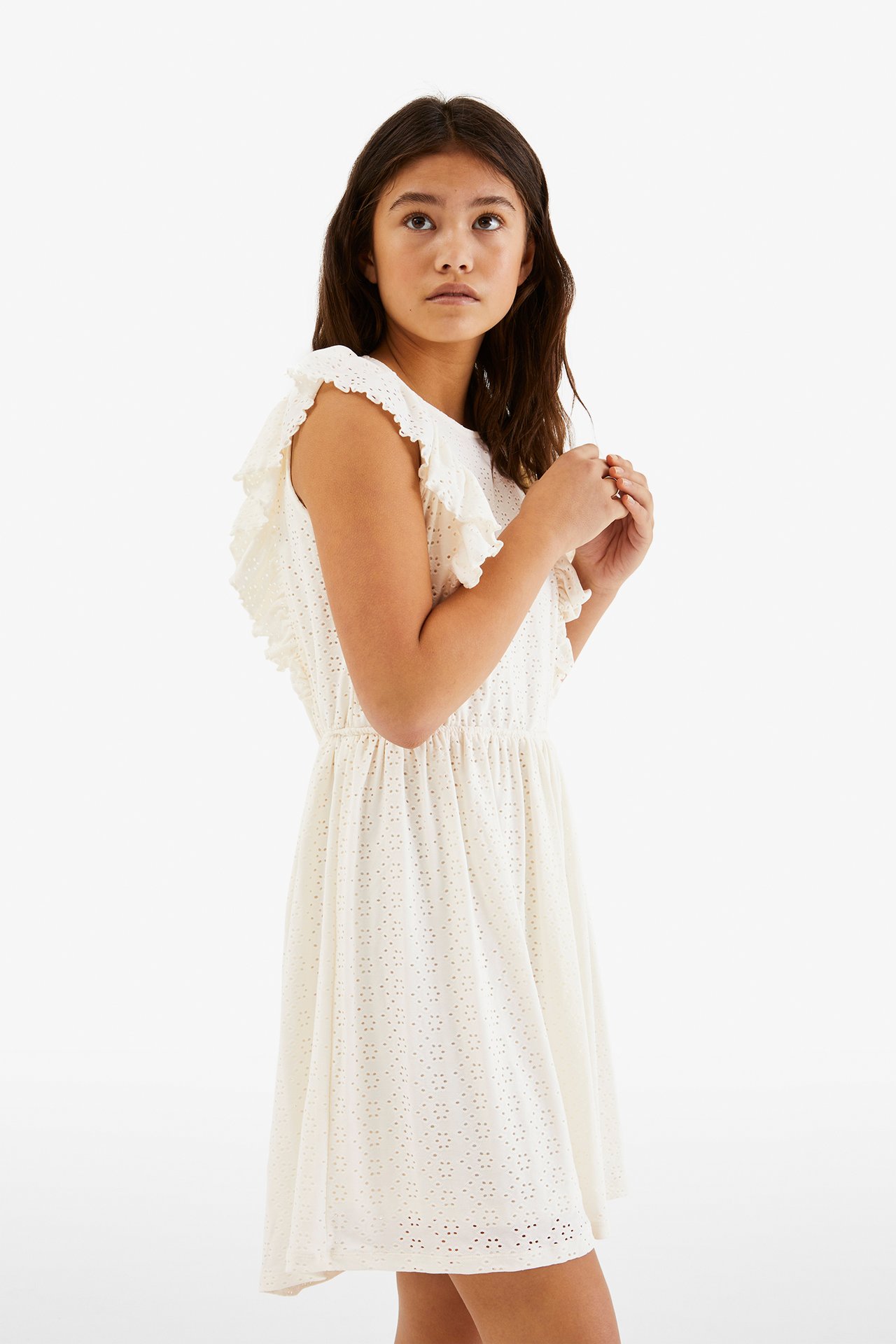 Klänning med broderie anglaise. - Offwhite - 4