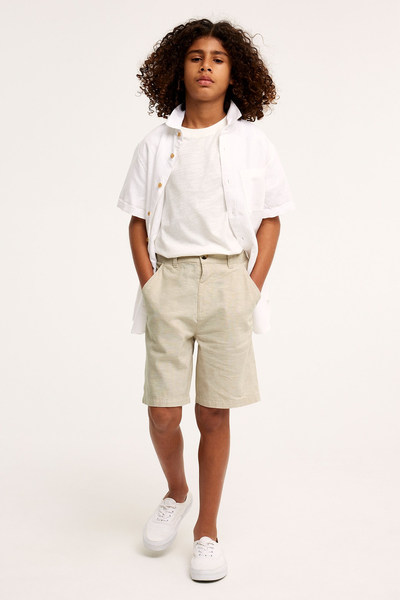 Pellavasekoitetta olevat shortsit - Vaaleanbeige - 1