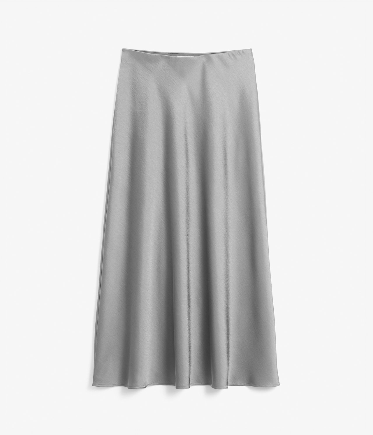 Frontvisning av et sølvfarget, ensfarget, utsvingt satengskjørt i midilengde med elastisk midje.