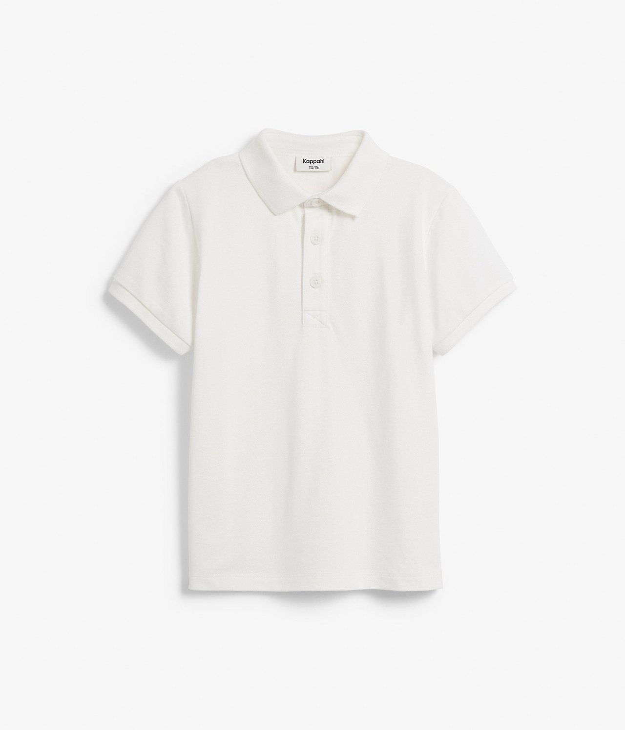 Framifrån, en enfärgad offwhite kortärmad pikétröja för barn med krage och tre knappar.