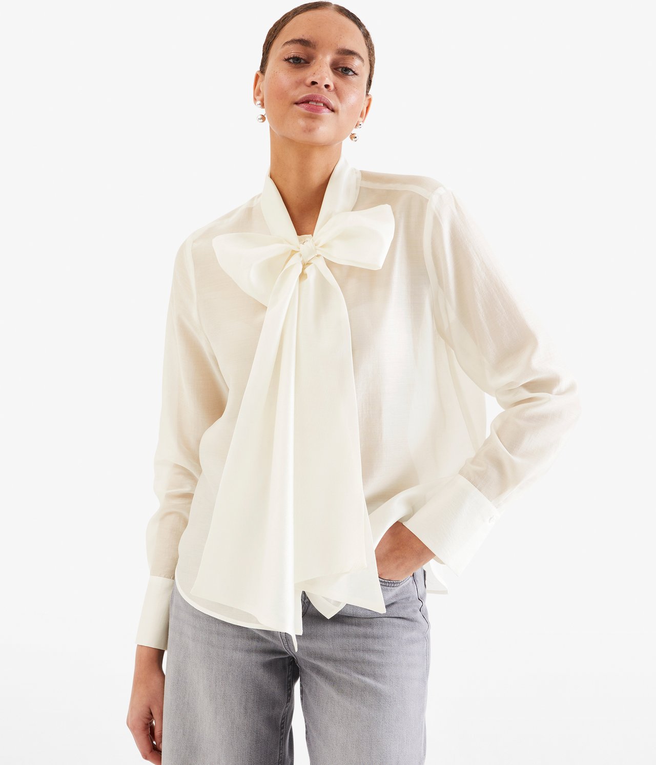 Bluse med stor sløyfe - Offwhite - 1